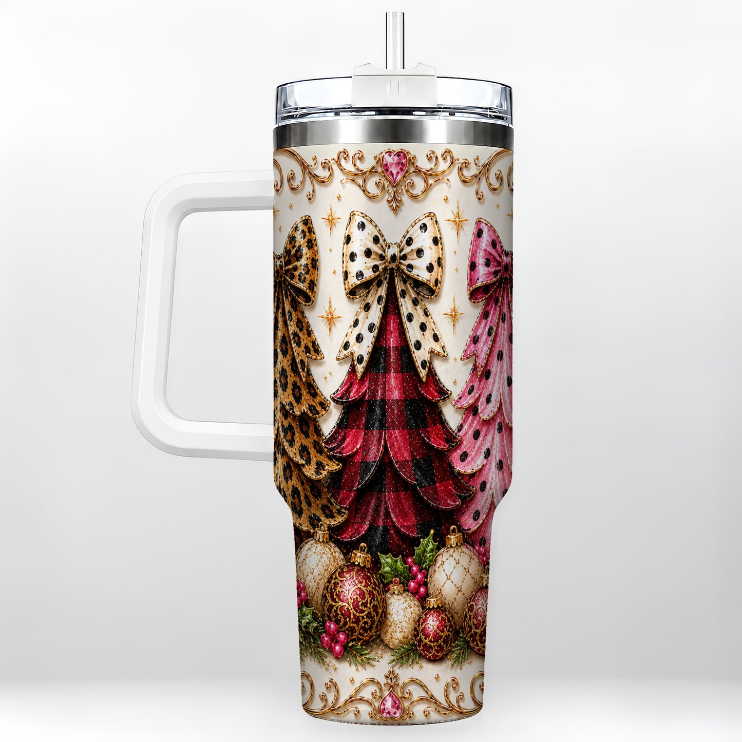 #pl[40oz|White] Tree Trio 40oz Tumbler with Handle, Christmas Stainless Steel Travel Cup