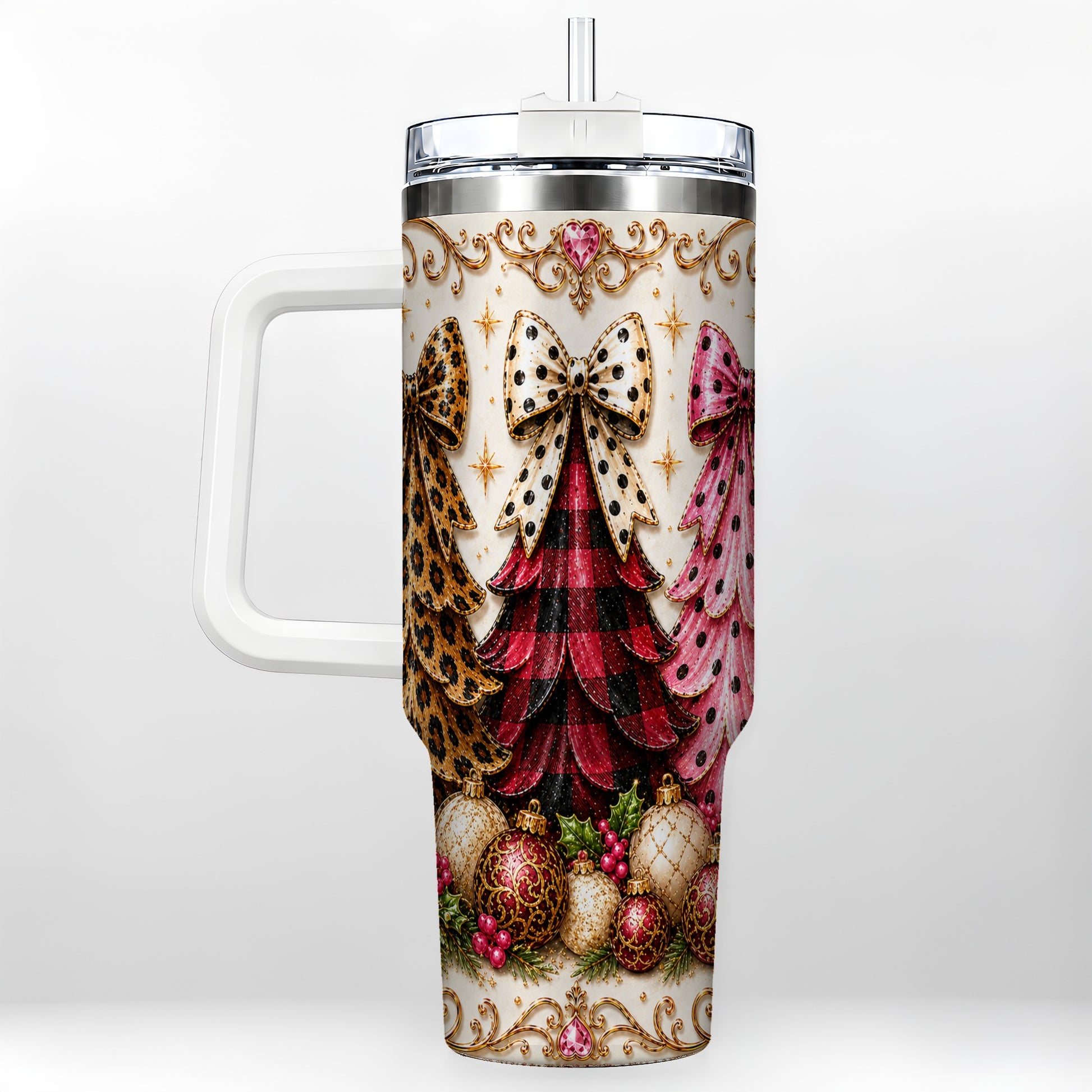 #pl[40oz|White] Tree Trio 40oz Tumbler with Handle, Christmas Stainless Steel Travel Cup