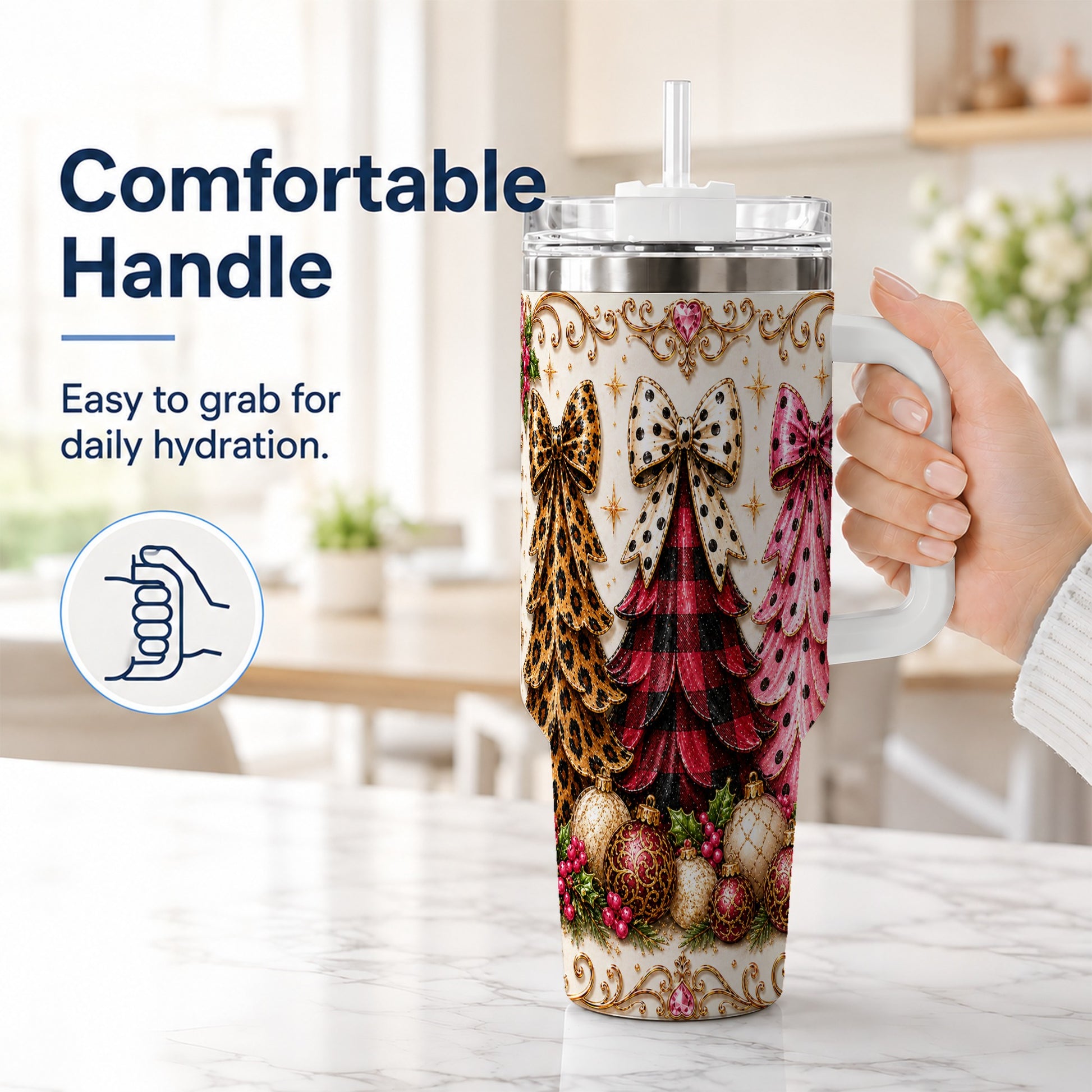 #pl[40oz|White] Tree Trio 40oz Tumbler with Handle, Christmas Stainless Steel Travel Cup