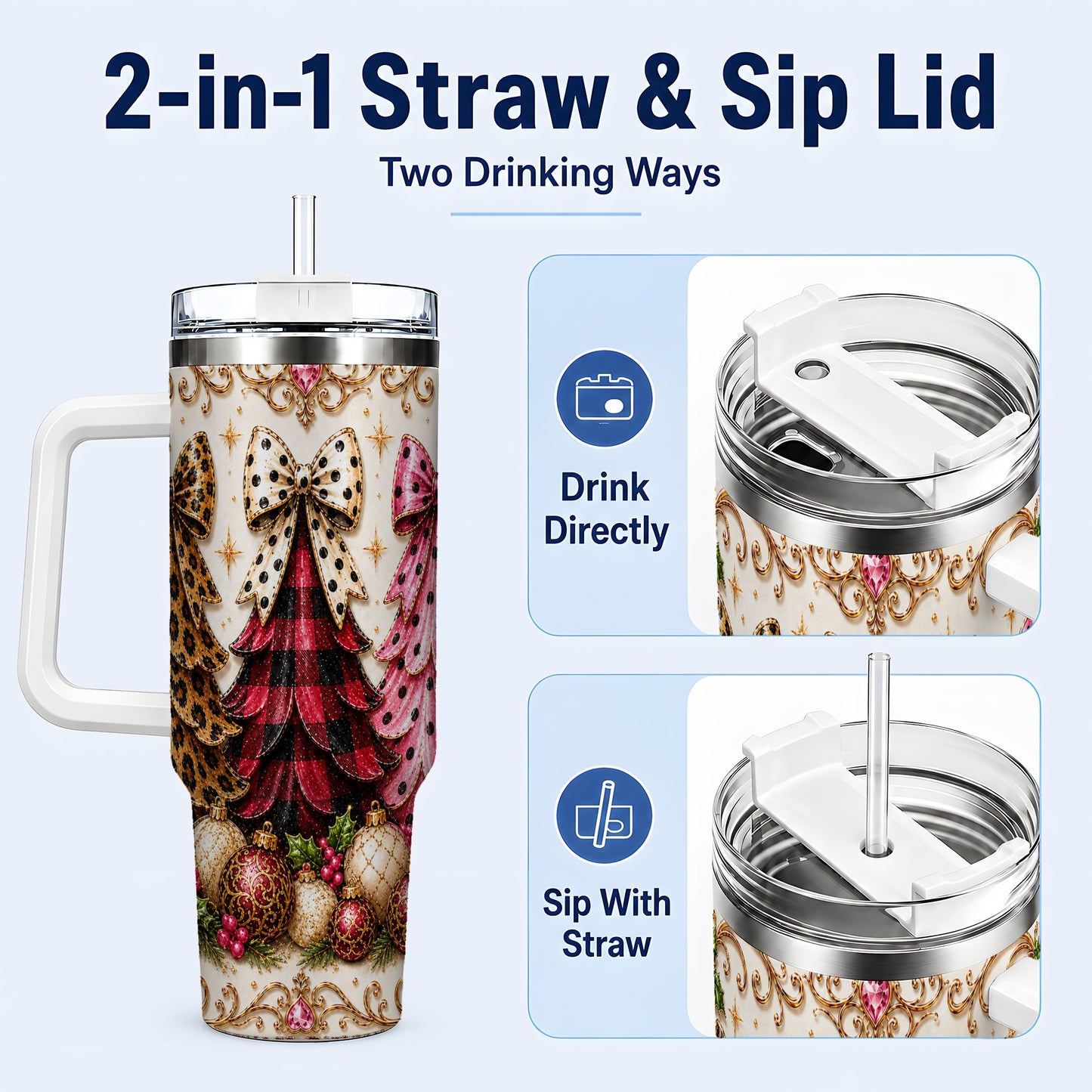 #pl[40oz|White] Tree Trio 40oz Tumbler with Handle, Christmas Stainless Steel Travel Cup