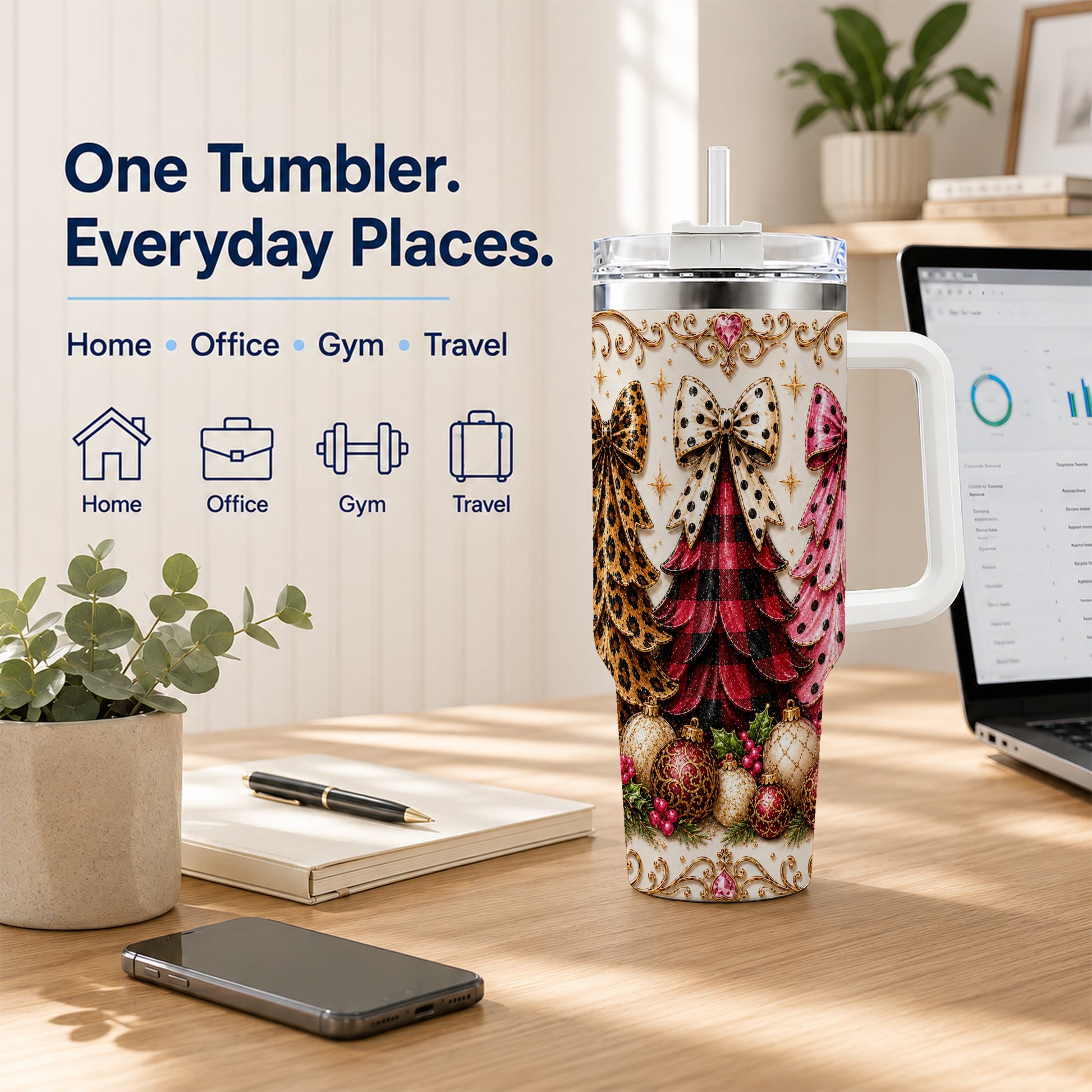 #pl[40oz|White] Tree Trio 40oz Tumbler with Handle, Christmas Stainless Steel Travel Cup