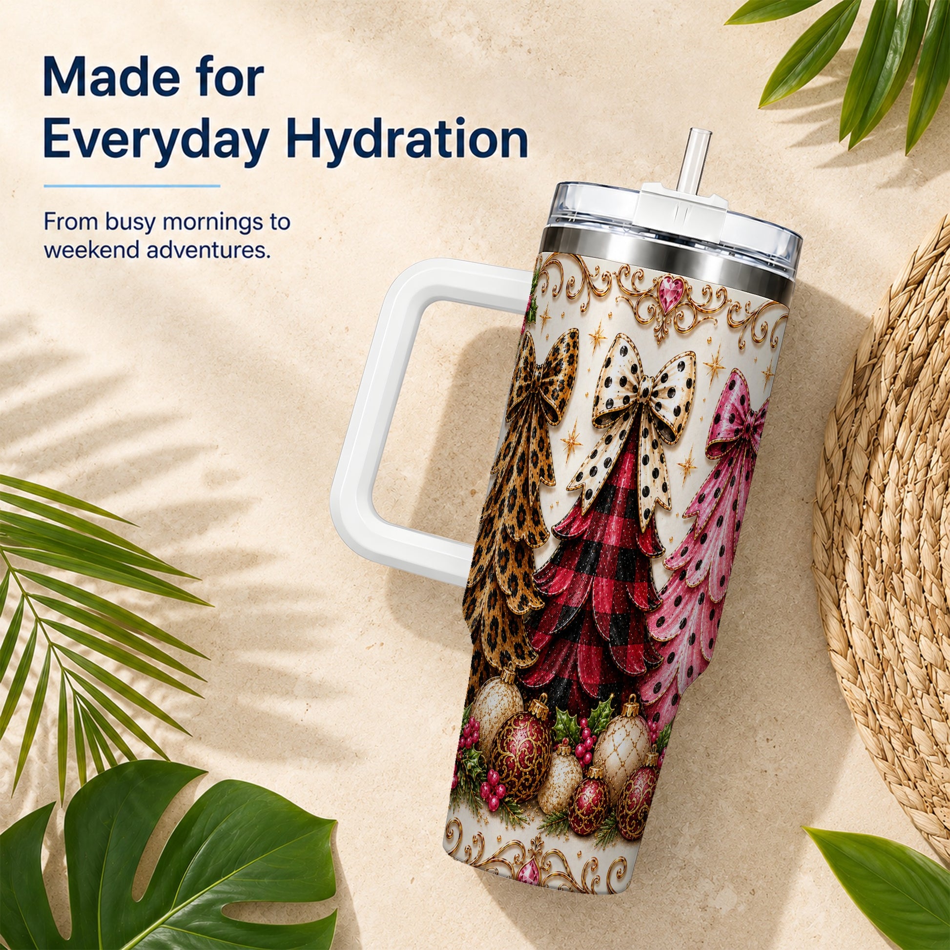 #pl[40oz|White] Tree Trio 40oz Tumbler with Handle, Christmas Stainless Steel Travel Cup