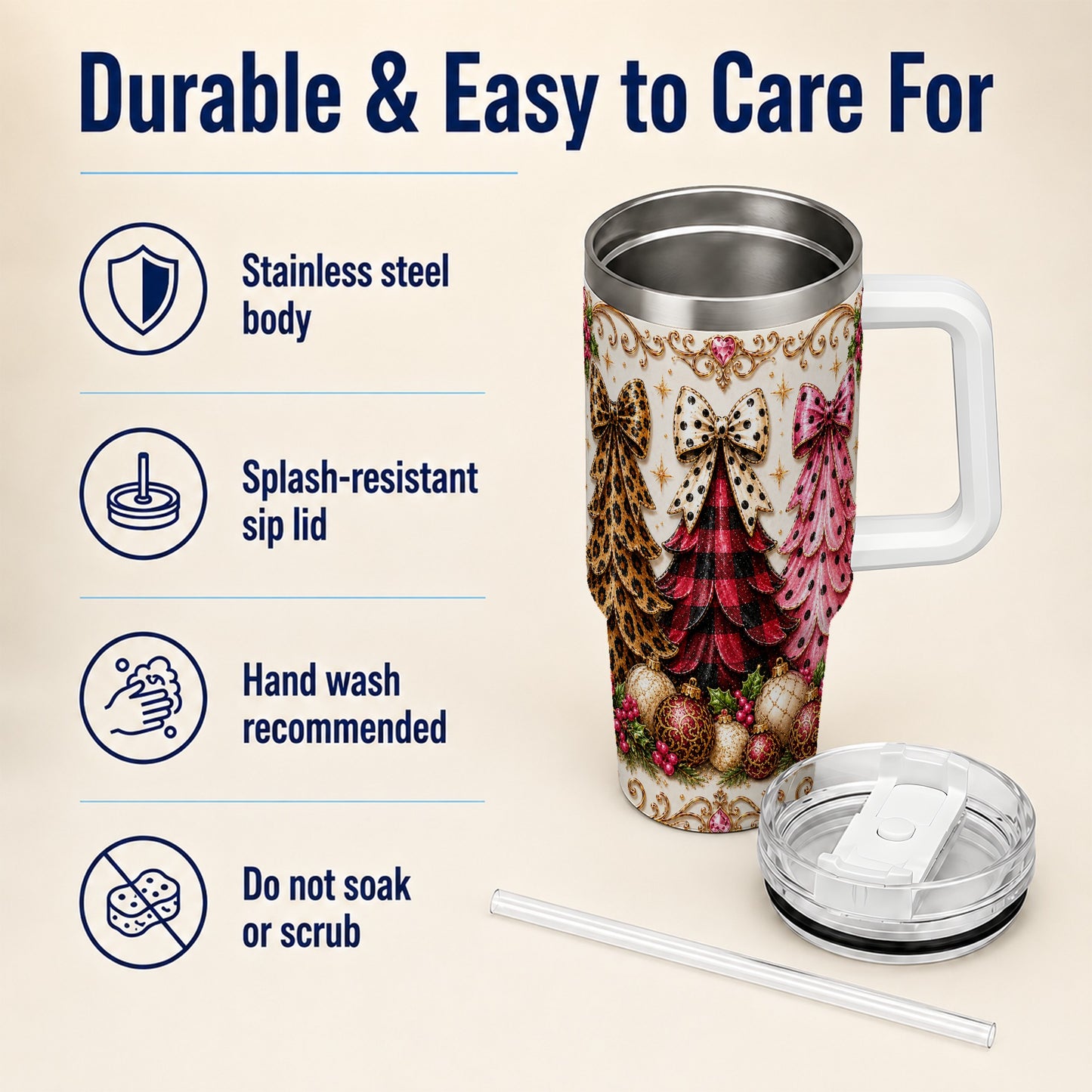 #pl[40oz|White] Tree Trio 40oz Tumbler with Handle, Christmas Stainless Steel Travel Cup