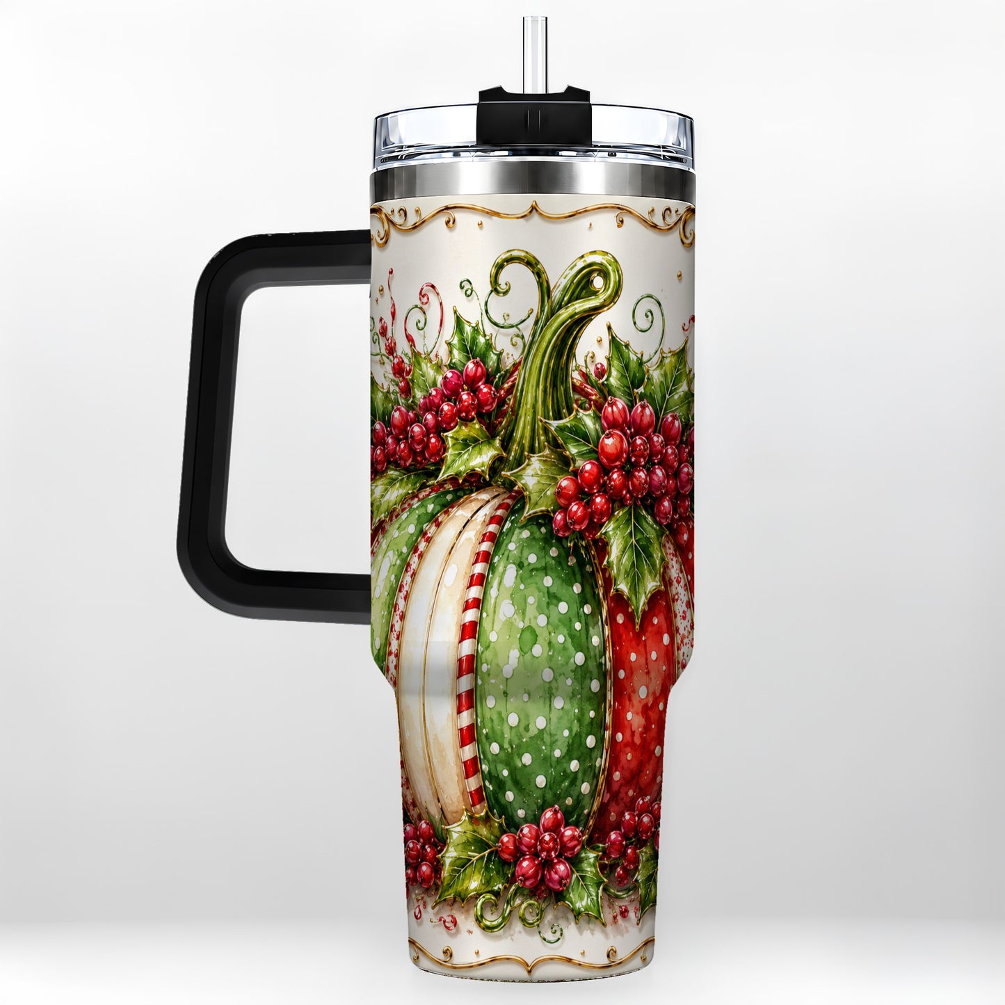 #pl[40oz|Black] Christmas Pumpkin 40oz Tumbler with Handle, Stainless Steel Travel Cup