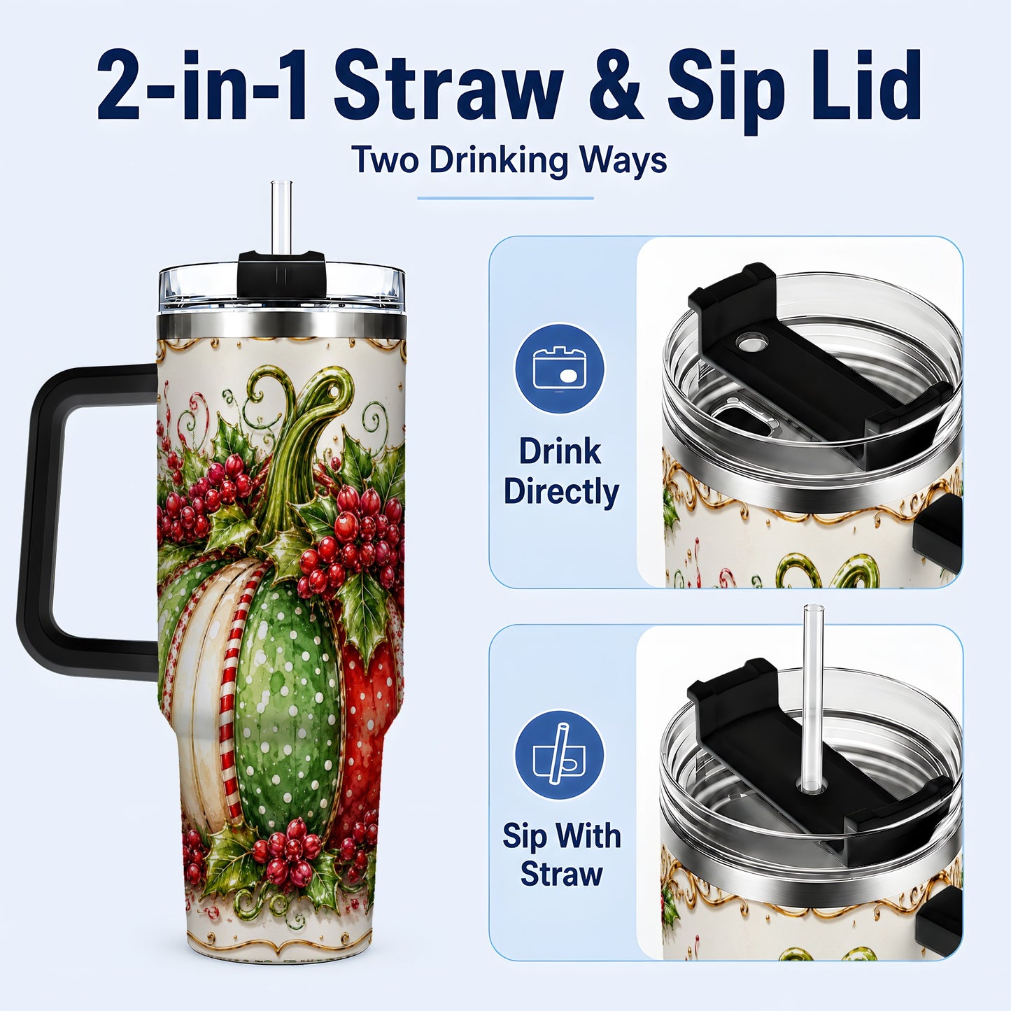 #pl[40oz|Black] Christmas Pumpkin 40oz Tumbler with Handle, Stainless Steel Travel Cup