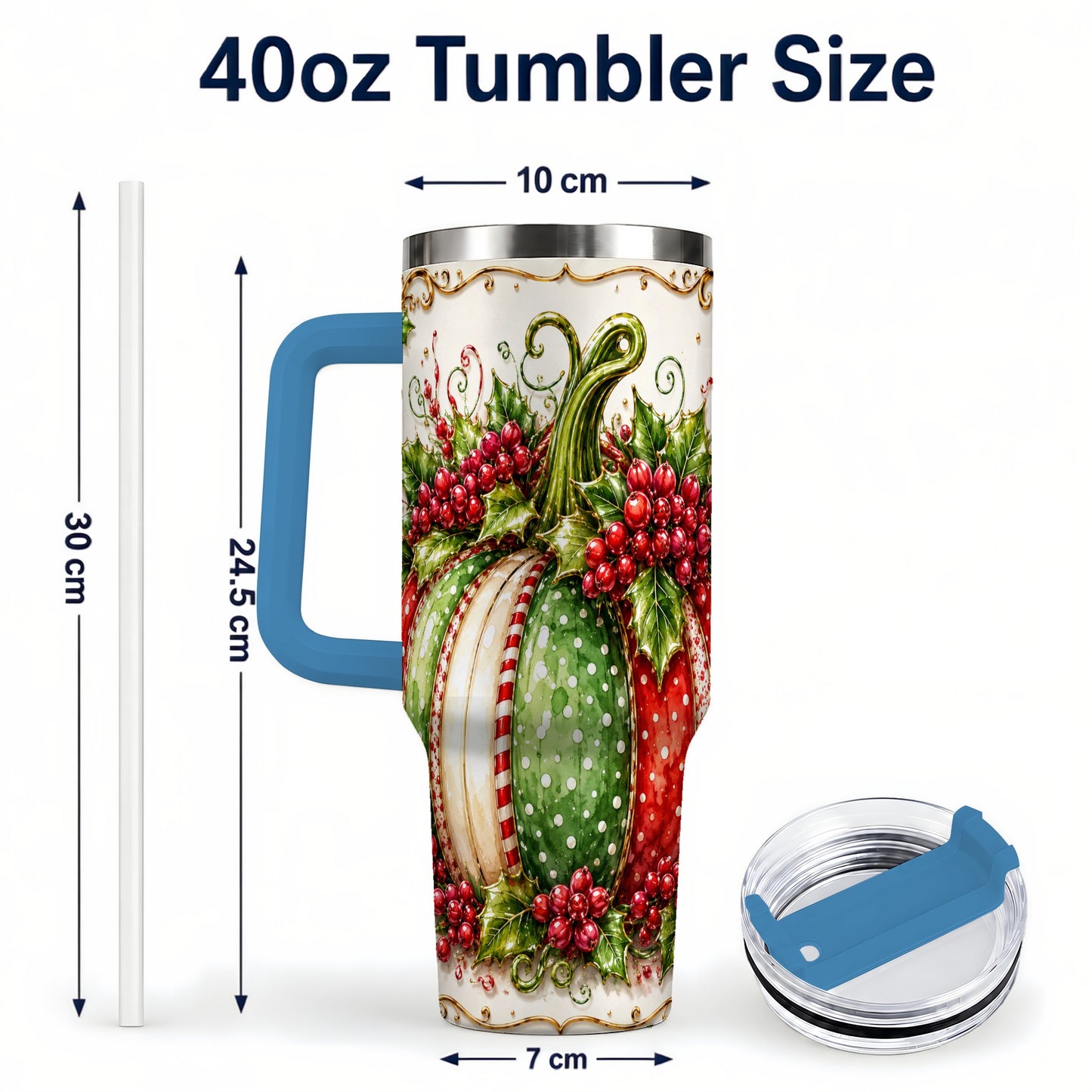 #pl[40oz|Blue] Christmas Pumpkin 40oz Tumbler with Handle, Stainless Steel Travel Cup
