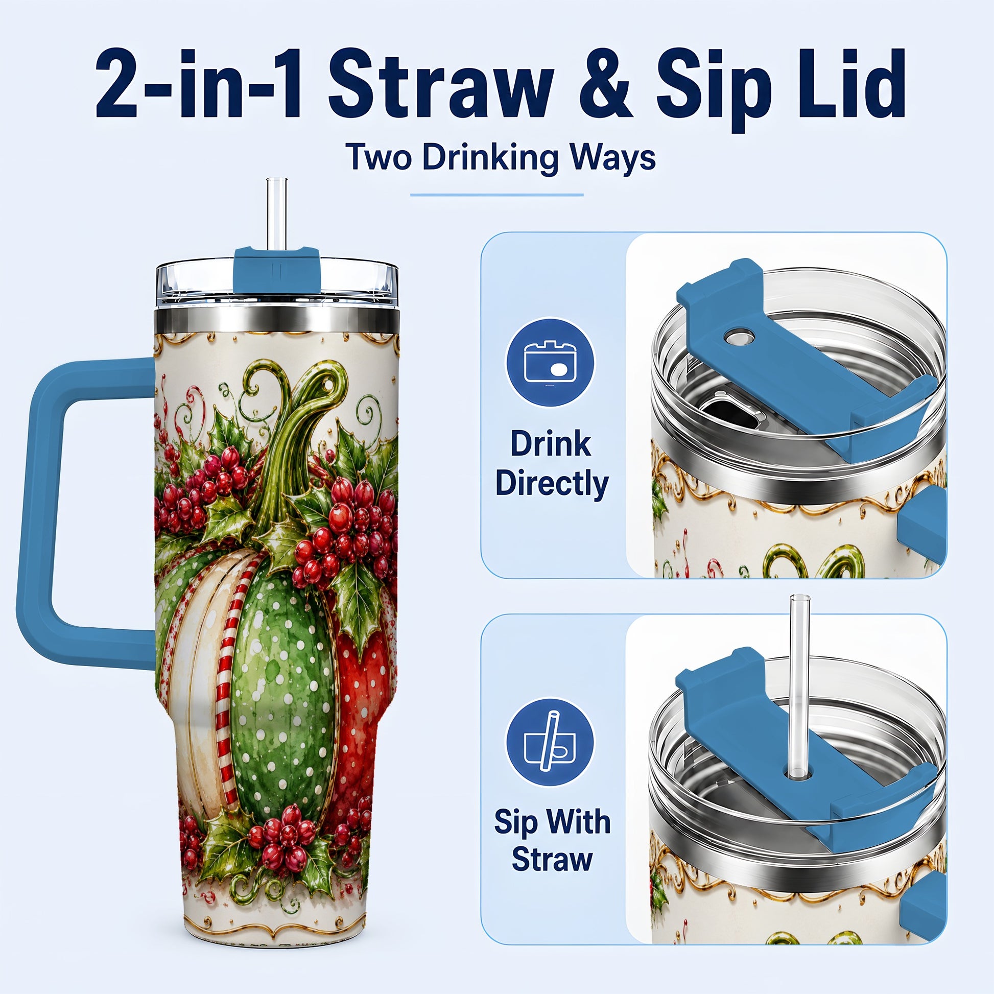 #pl[40oz|Blue] Christmas Pumpkin 40oz Tumbler with Handle, Stainless Steel Travel Cup