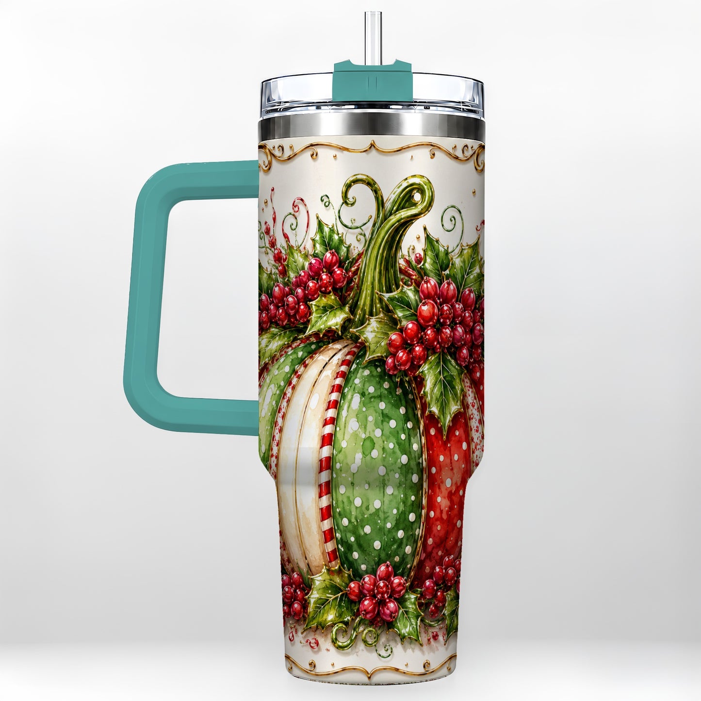 #pl[40oz|Green] Christmas Pumpkin 40oz Tumbler with Handle, Stainless Steel Travel Cup