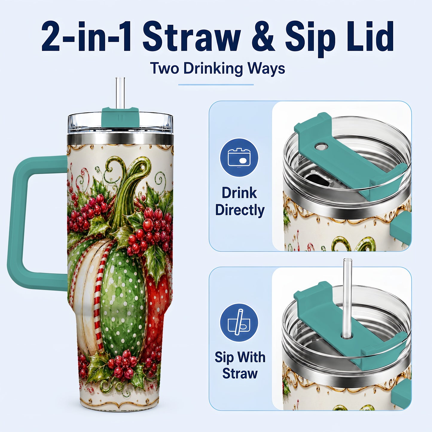 #pl[40oz|Green] Christmas Pumpkin 40oz Tumbler with Handle, Stainless Steel Travel Cup