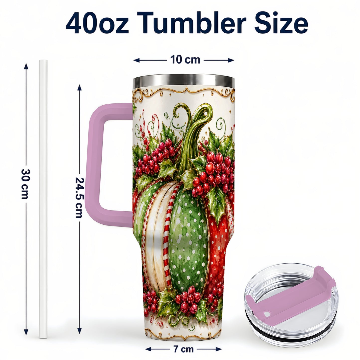 #pl[40oz|Pink] Christmas Pumpkin 40oz Tumbler with Handle, Stainless Steel Travel Cup
