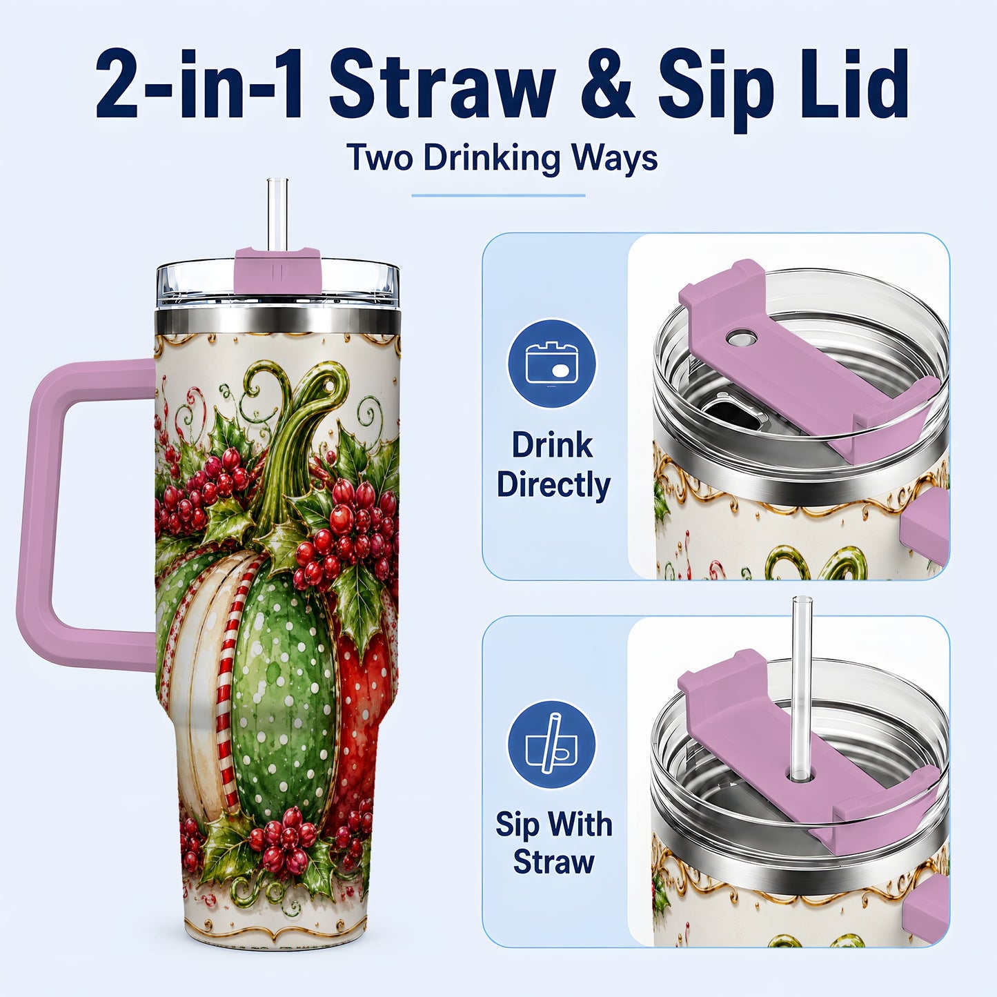 #pl[40oz|Pink] Christmas Pumpkin 40oz Tumbler with Handle, Stainless Steel Travel Cup