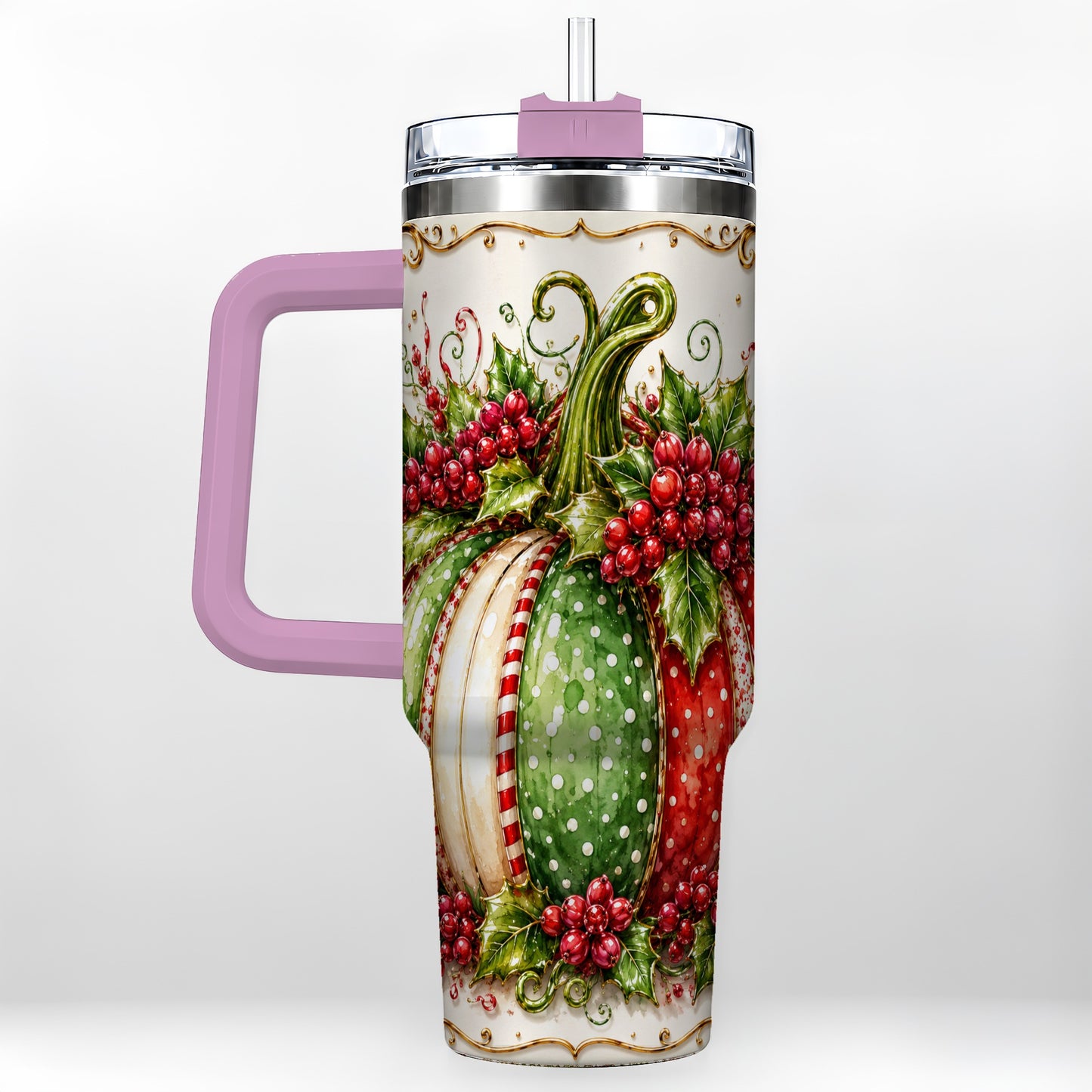 #pl[40oz|Pink] Christmas Pumpkin 40oz Tumbler with Handle, Stainless Steel Travel Cup
