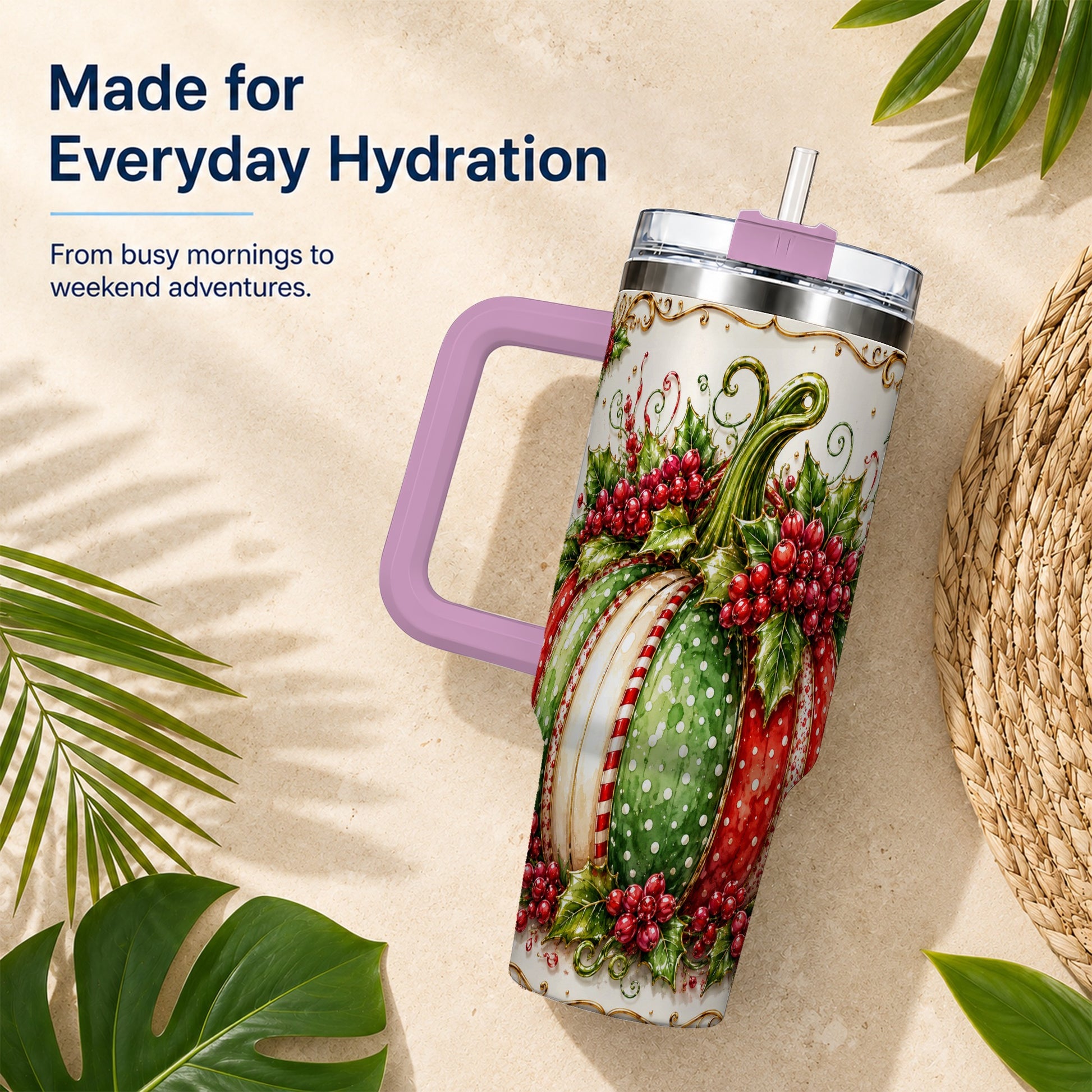 #pl[40oz|Pink] Christmas Pumpkin 40oz Tumbler with Handle, Stainless Steel Travel Cup