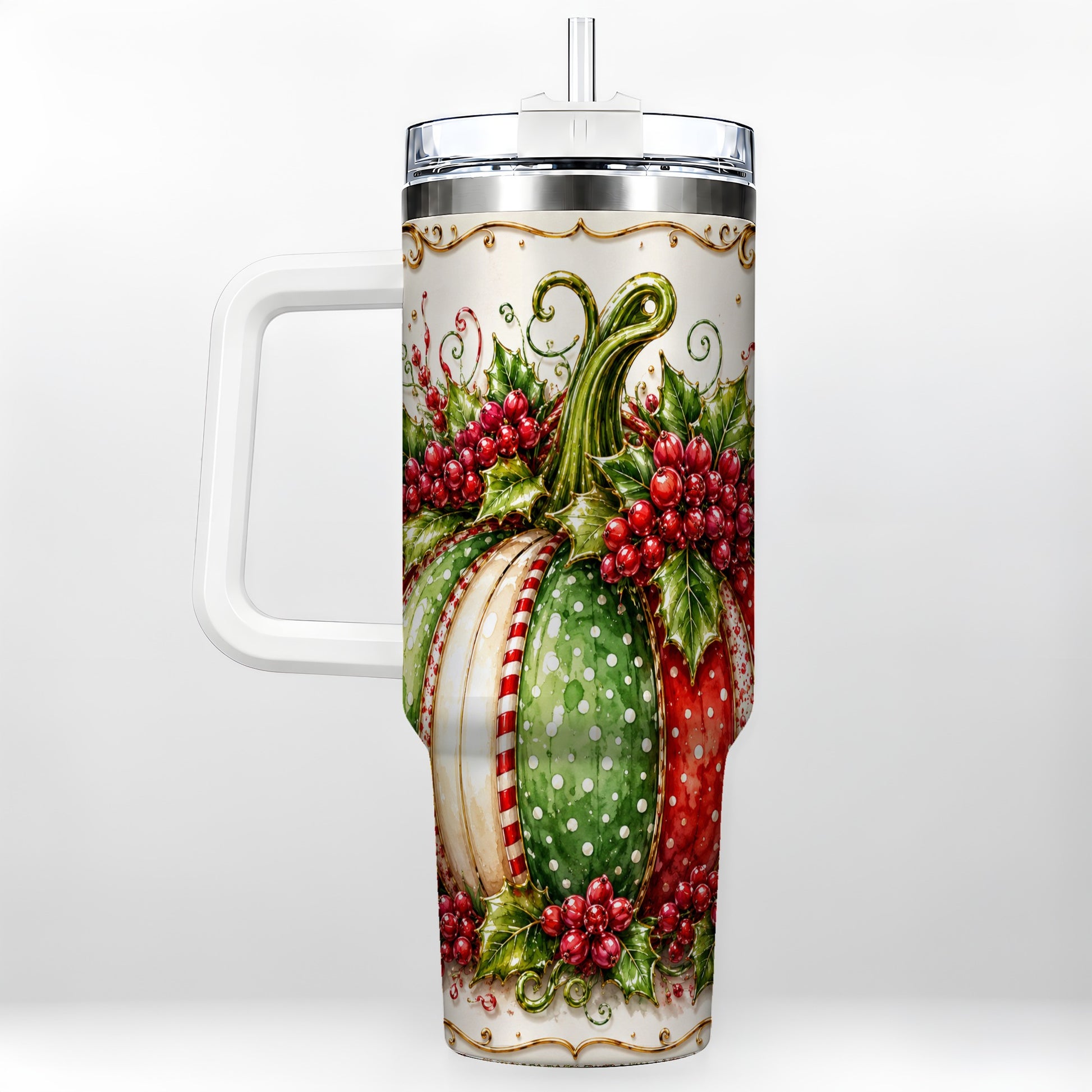 #pl[40oz|White] Christmas Pumpkin 40oz Tumbler with Handle, Stainless Steel Travel Cup