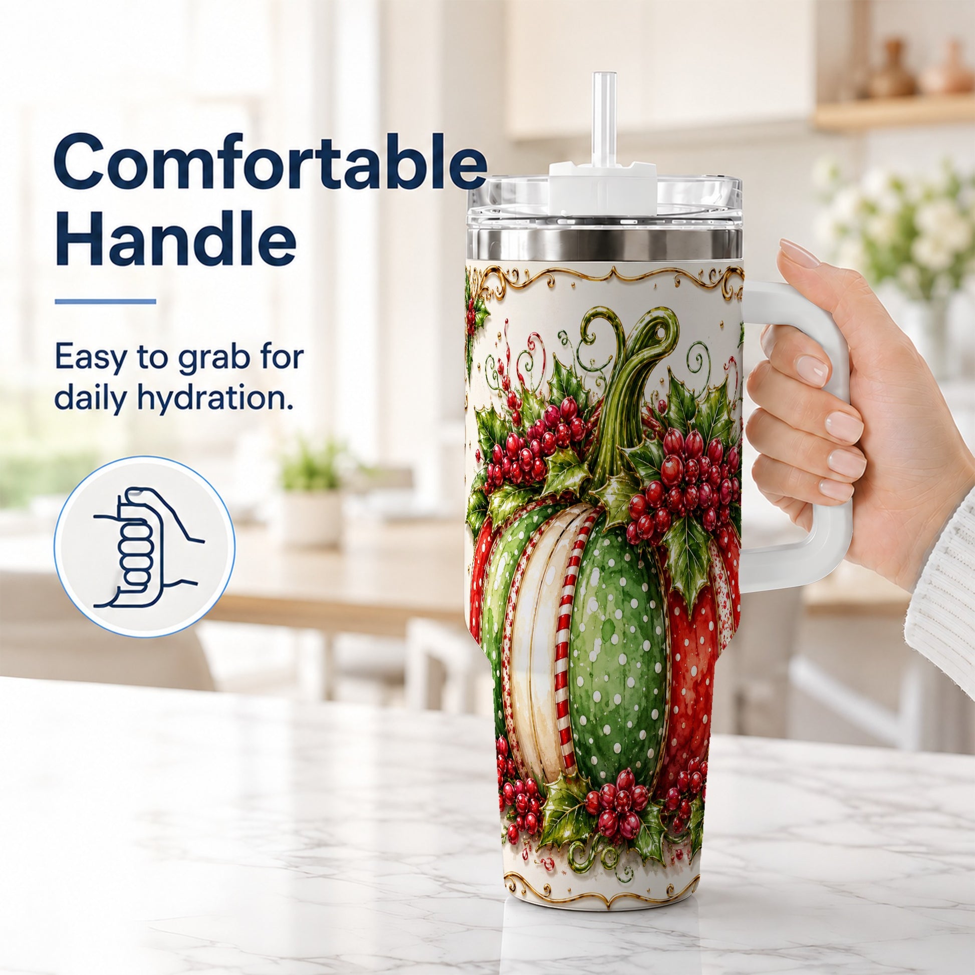 #pl[40oz|White] Christmas Pumpkin 40oz Tumbler with Handle, Stainless Steel Travel Cup
