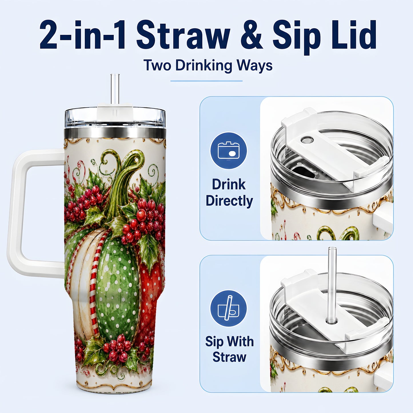 #pl[40oz|White] Christmas Pumpkin 40oz Tumbler with Handle, Stainless Steel Travel Cup