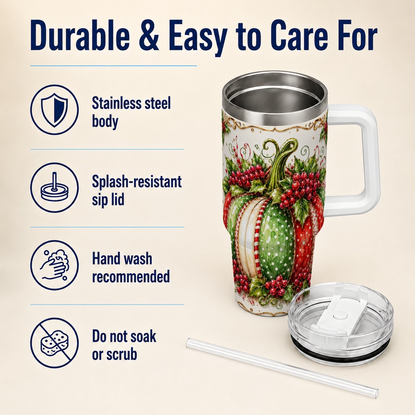 #pl[40oz|White] Christmas Pumpkin 40oz Tumbler with Handle, Stainless Steel Travel Cup