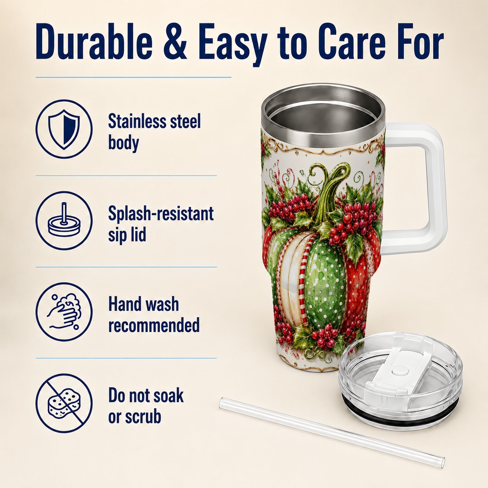 #pl[40oz|White] Christmas Pumpkin 40oz Tumbler with Handle, Stainless Steel Travel Cup