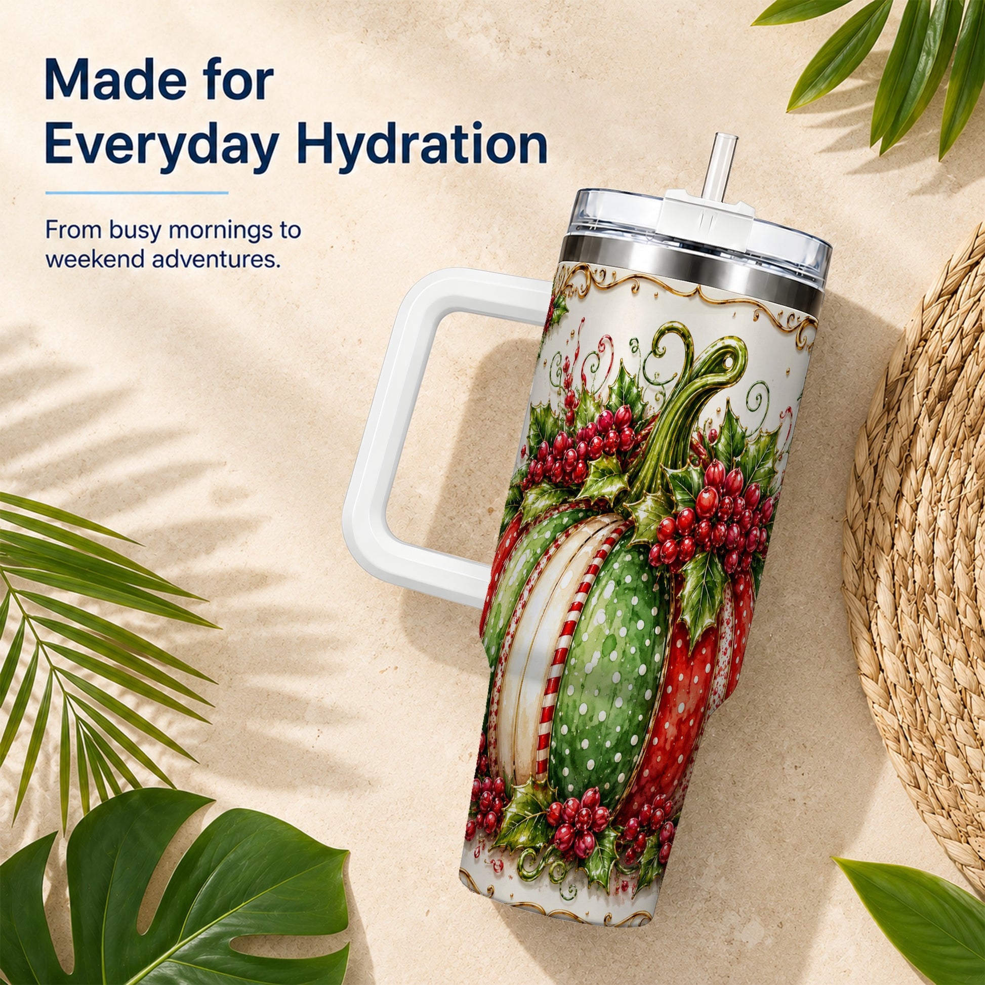 #pl[40oz|White] Christmas Pumpkin 40oz Tumbler with Handle, Stainless Steel Travel Cup