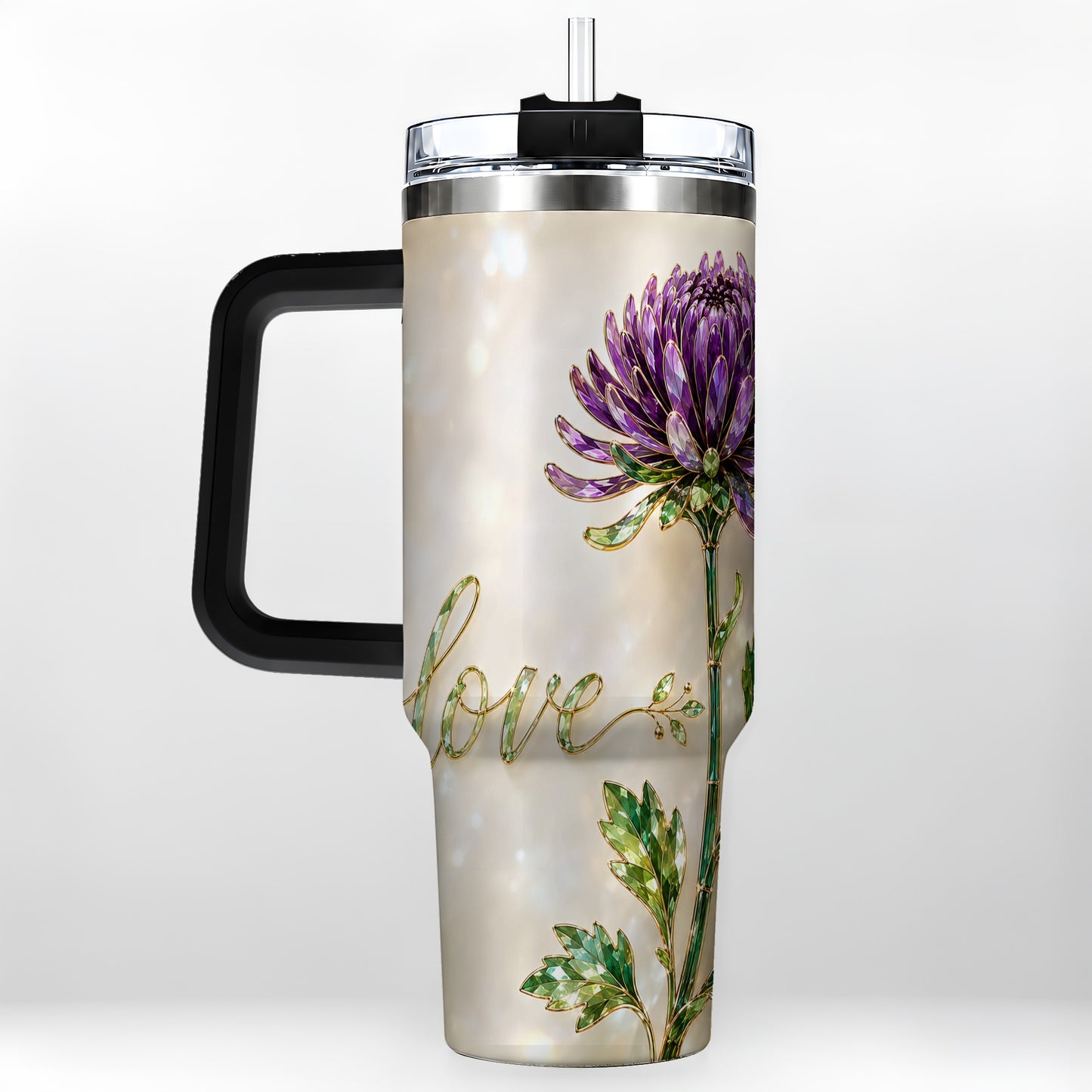 #pl[40oz|Black] Chrysanthemum 40oz Tumbler with Handle, Stainless Steel Travel Cup