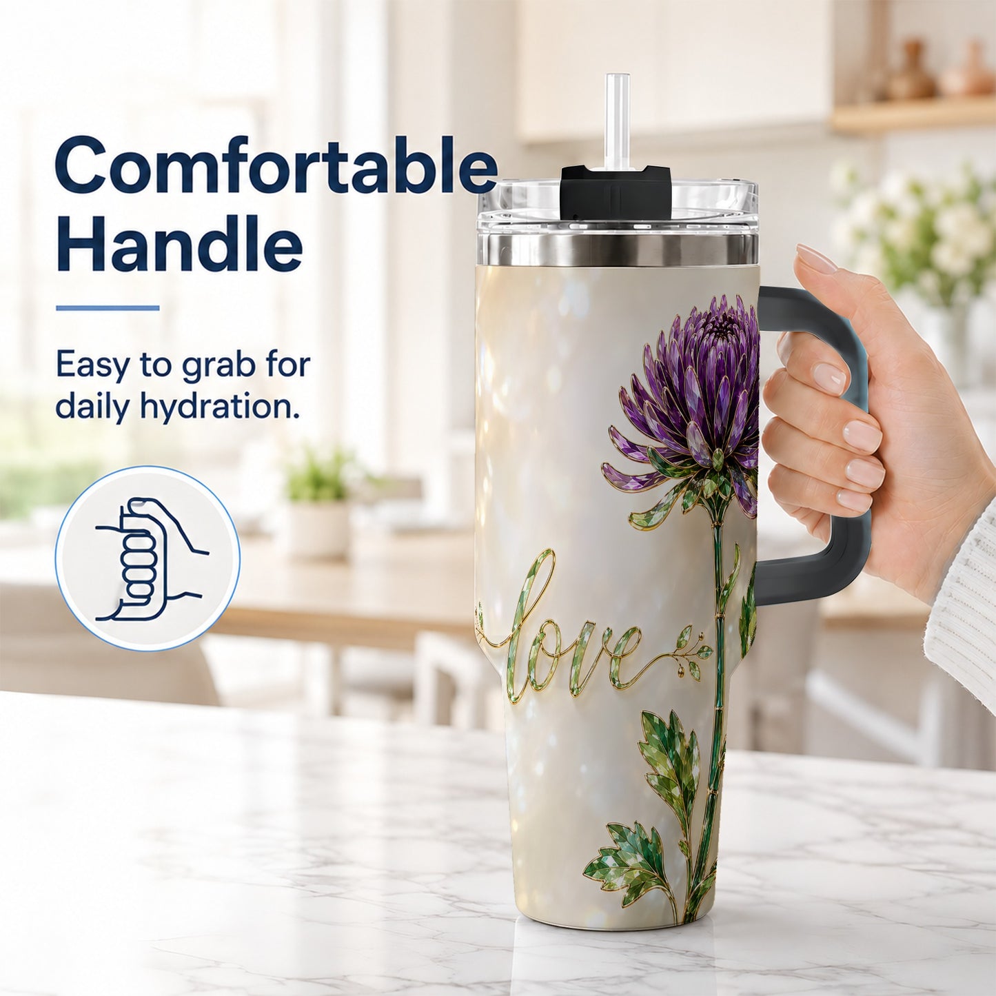 #pl[40oz|Black] Chrysanthemum 40oz Tumbler with Handle, Stainless Steel Travel Cup