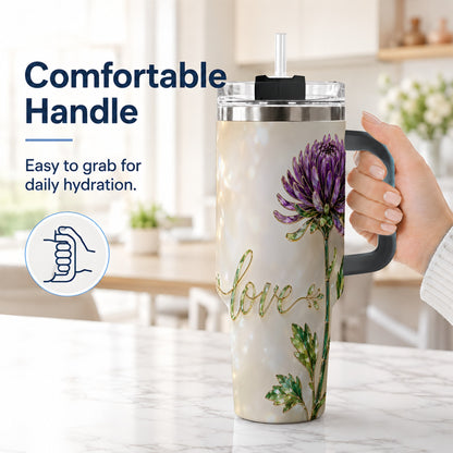 #pl[40oz|Black] Chrysanthemum 40oz Tumbler with Handle, Stainless Steel Travel Cup