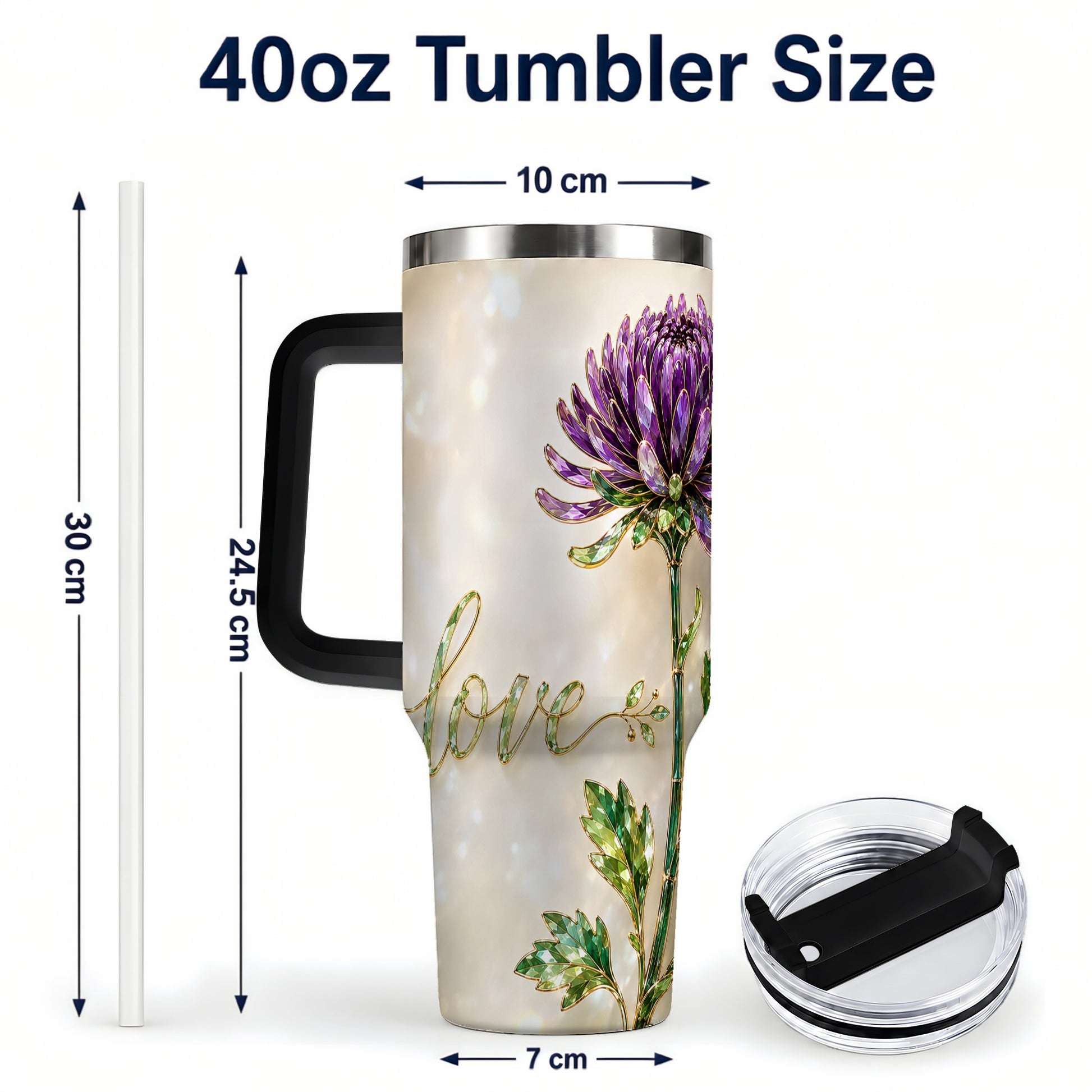 #pl[40oz|Black] Chrysanthemum 40oz Tumbler with Handle, Stainless Steel Travel Cup