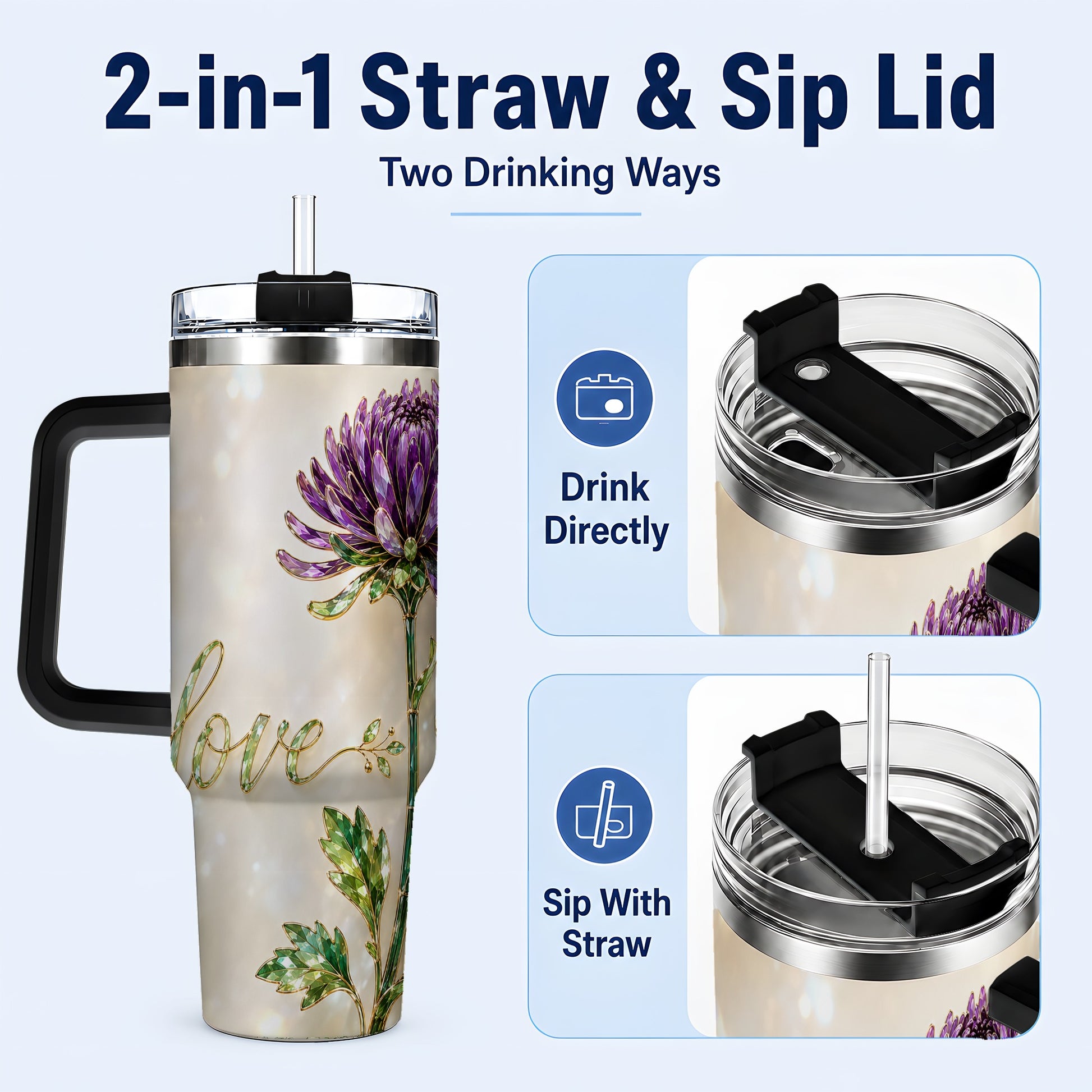 #pl[40oz|Black] Chrysanthemum 40oz Tumbler with Handle, Stainless Steel Travel Cup