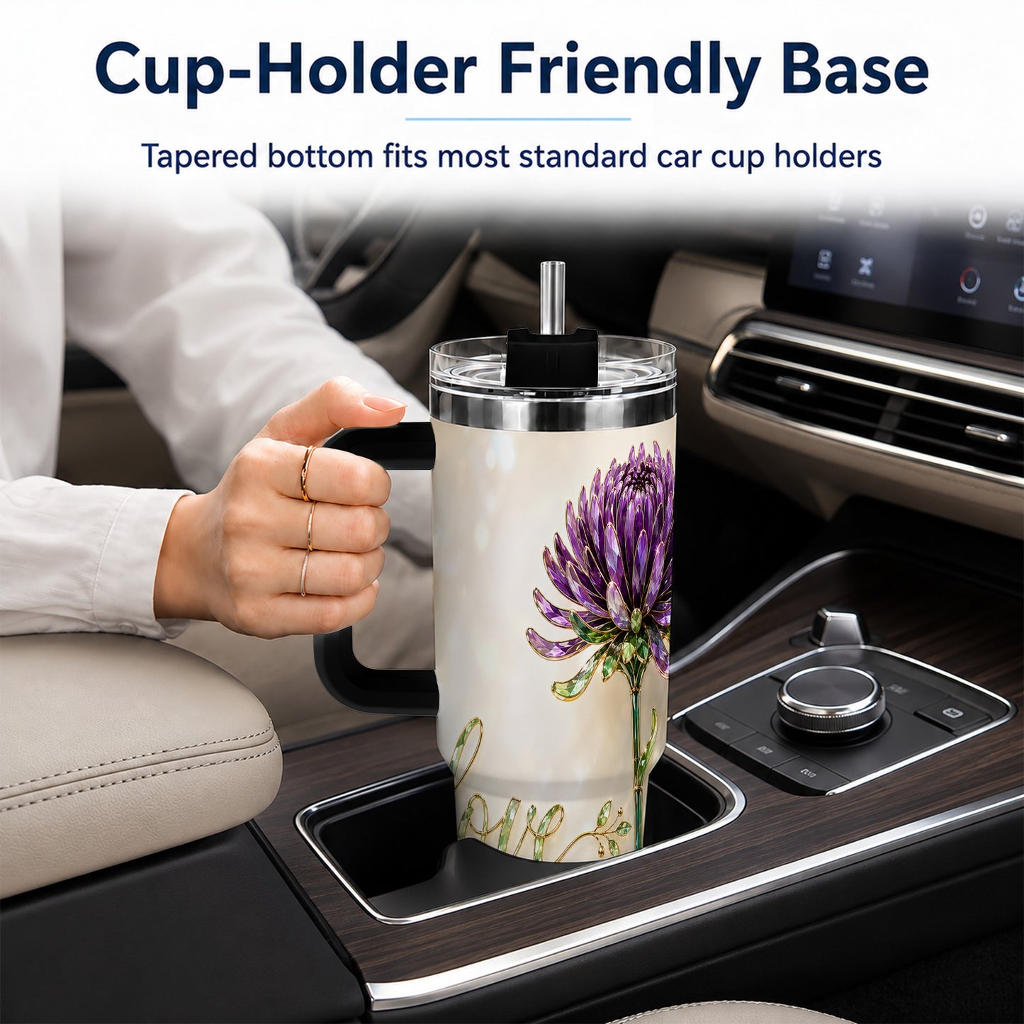 #pl[40oz|Black] Chrysanthemum 40oz Tumbler with Handle, Stainless Steel Travel Cup