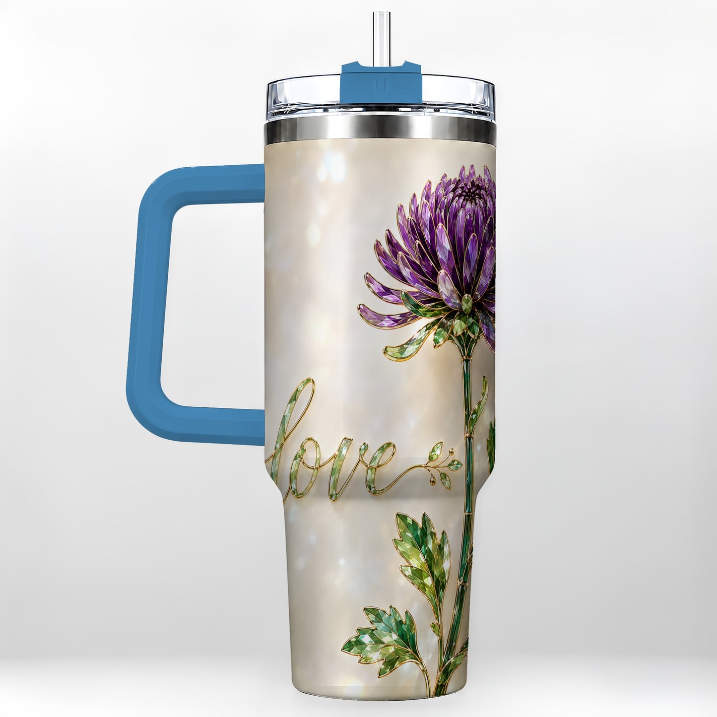 #pl[40oz|Blue] Chrysanthemum 40oz Tumbler with Handle, Stainless Steel Travel Cup