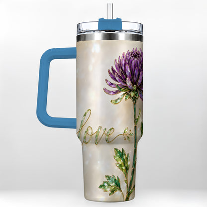 #pl[40oz|Blue] Chrysanthemum 40oz Tumbler with Handle, Stainless Steel Travel Cup
