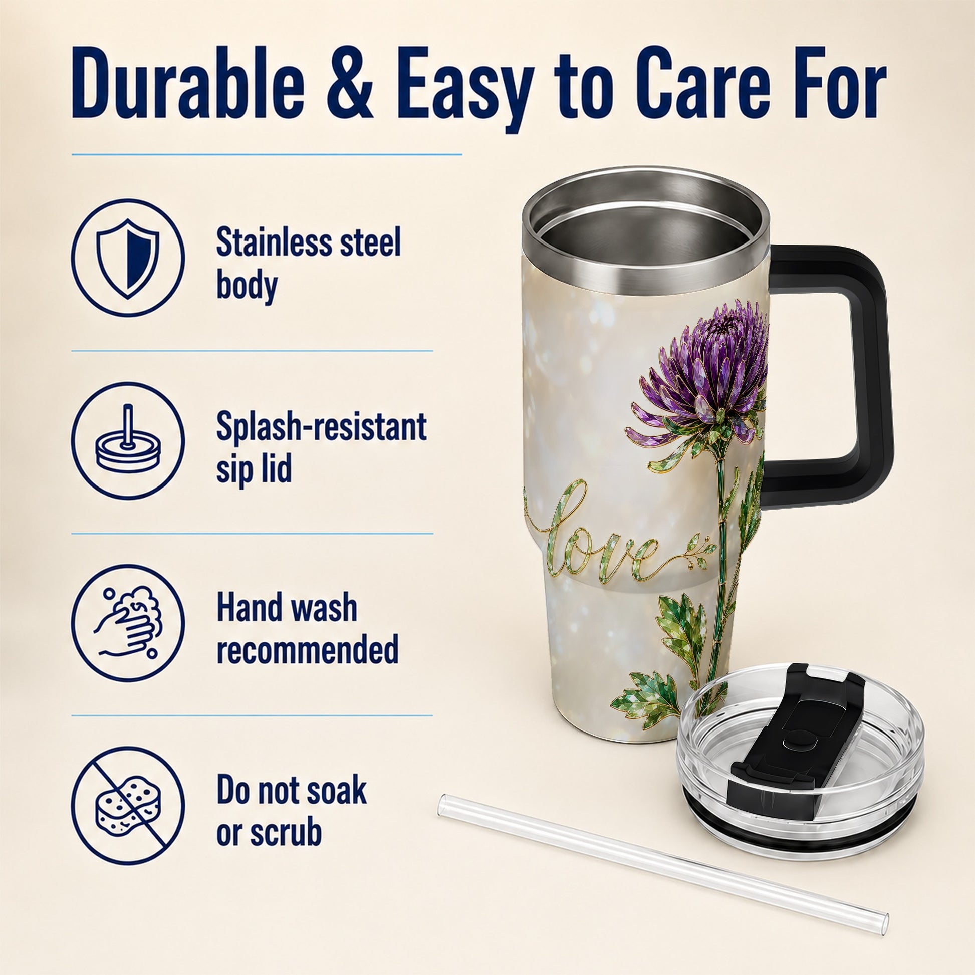 #pl[40oz|Black] Chrysanthemum 40oz Tumbler with Handle, Stainless Steel Travel Cup