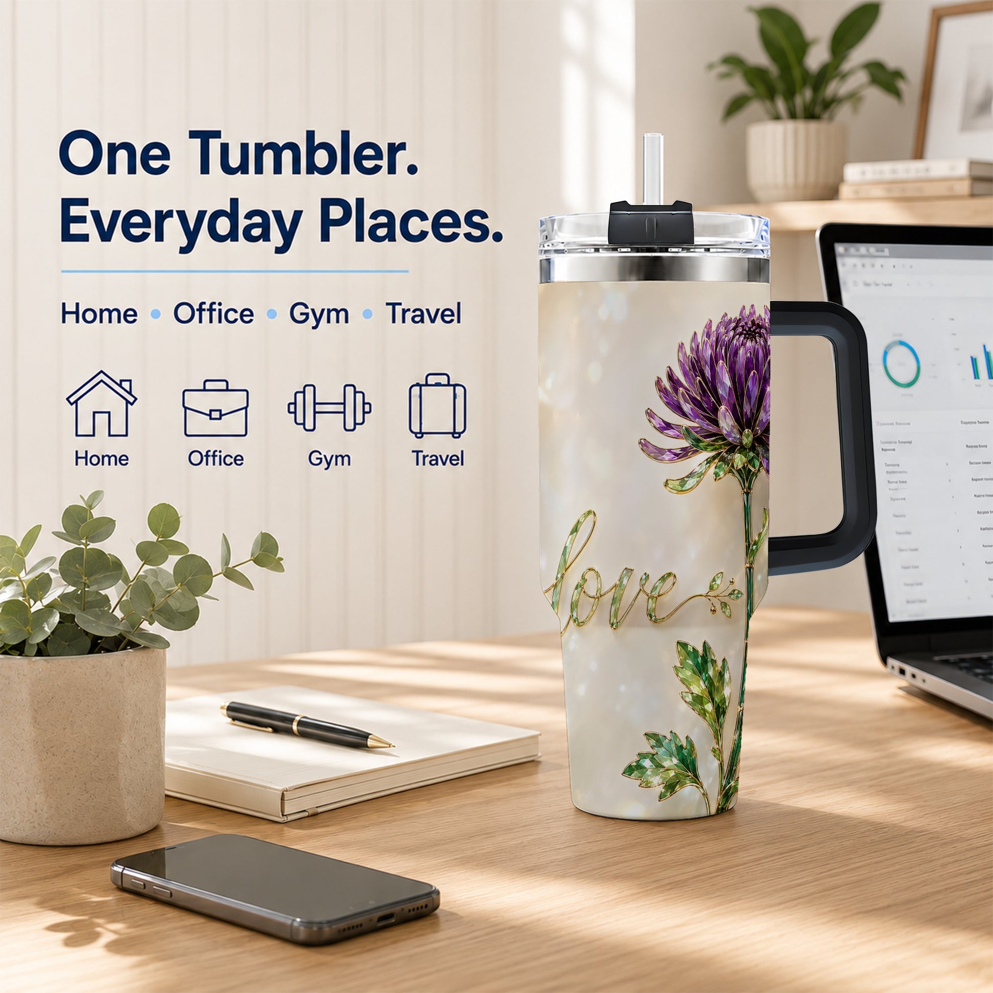 #pl[40oz|Black] Chrysanthemum 40oz Tumbler with Handle, Stainless Steel Travel Cup