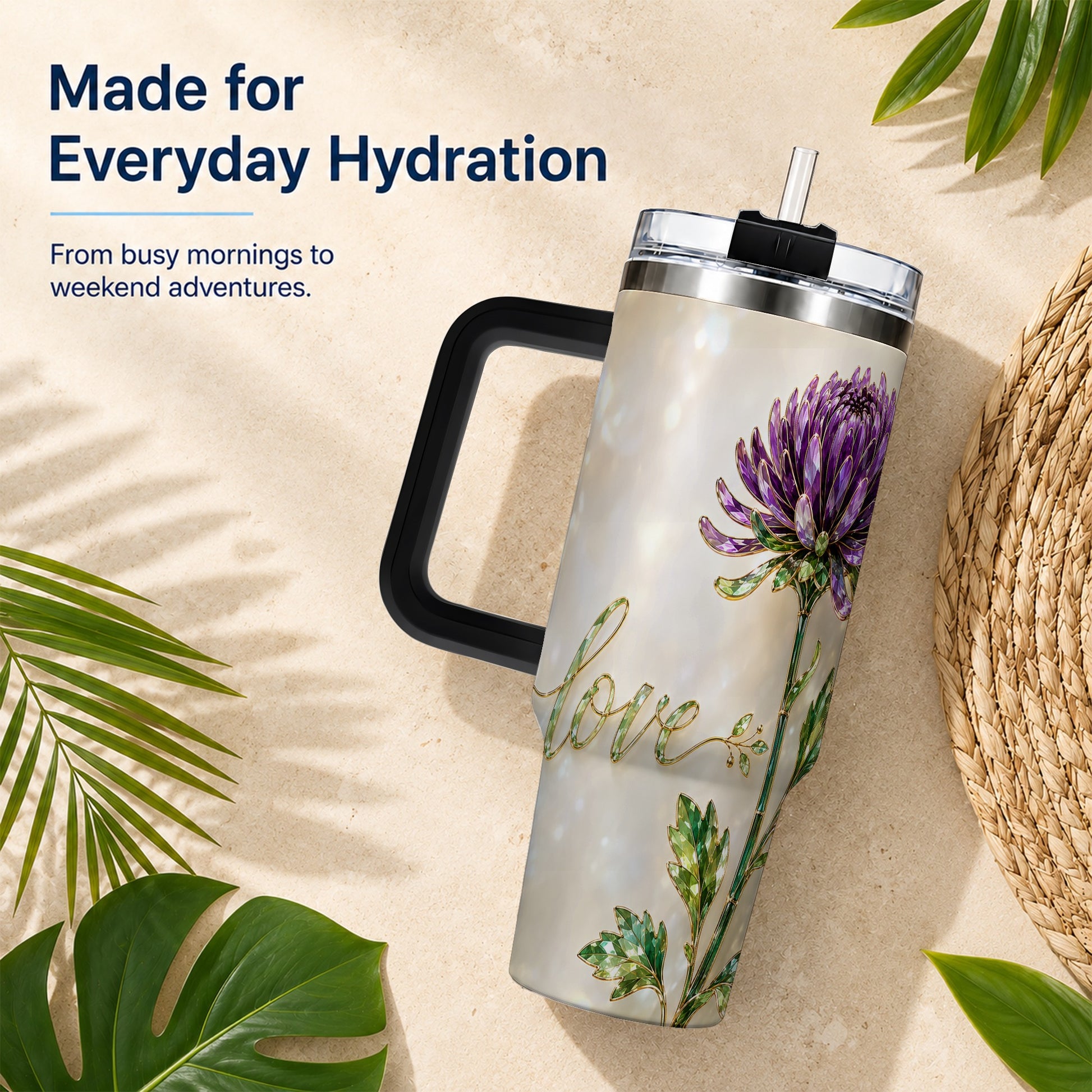 #pl[40oz|Black] Chrysanthemum 40oz Tumbler with Handle, Stainless Steel Travel Cup