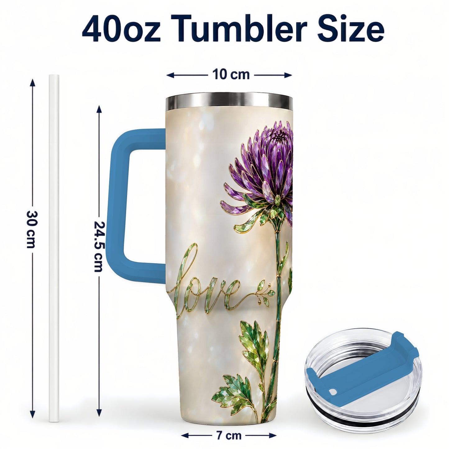 #pl[40oz|Blue] Chrysanthemum 40oz Tumbler with Handle, Stainless Steel Travel Cup