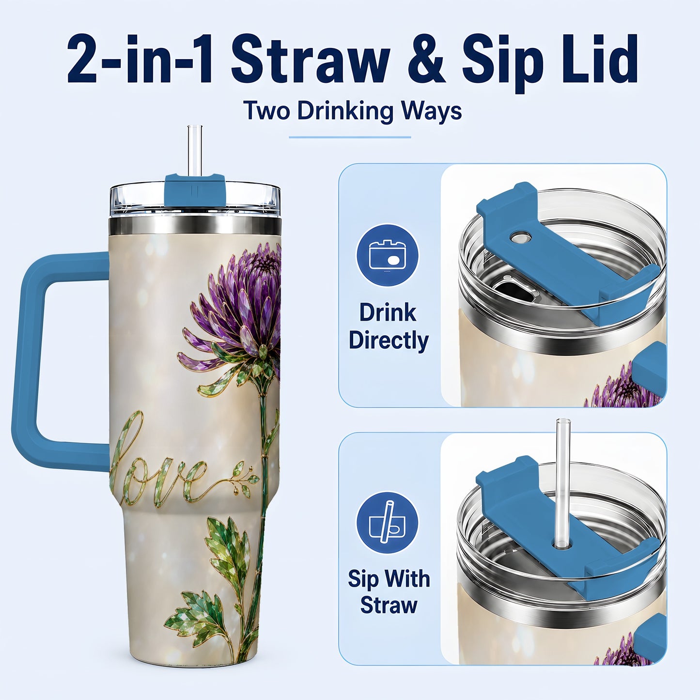 #pl[40oz|Blue] Chrysanthemum 40oz Tumbler with Handle, Stainless Steel Travel Cup