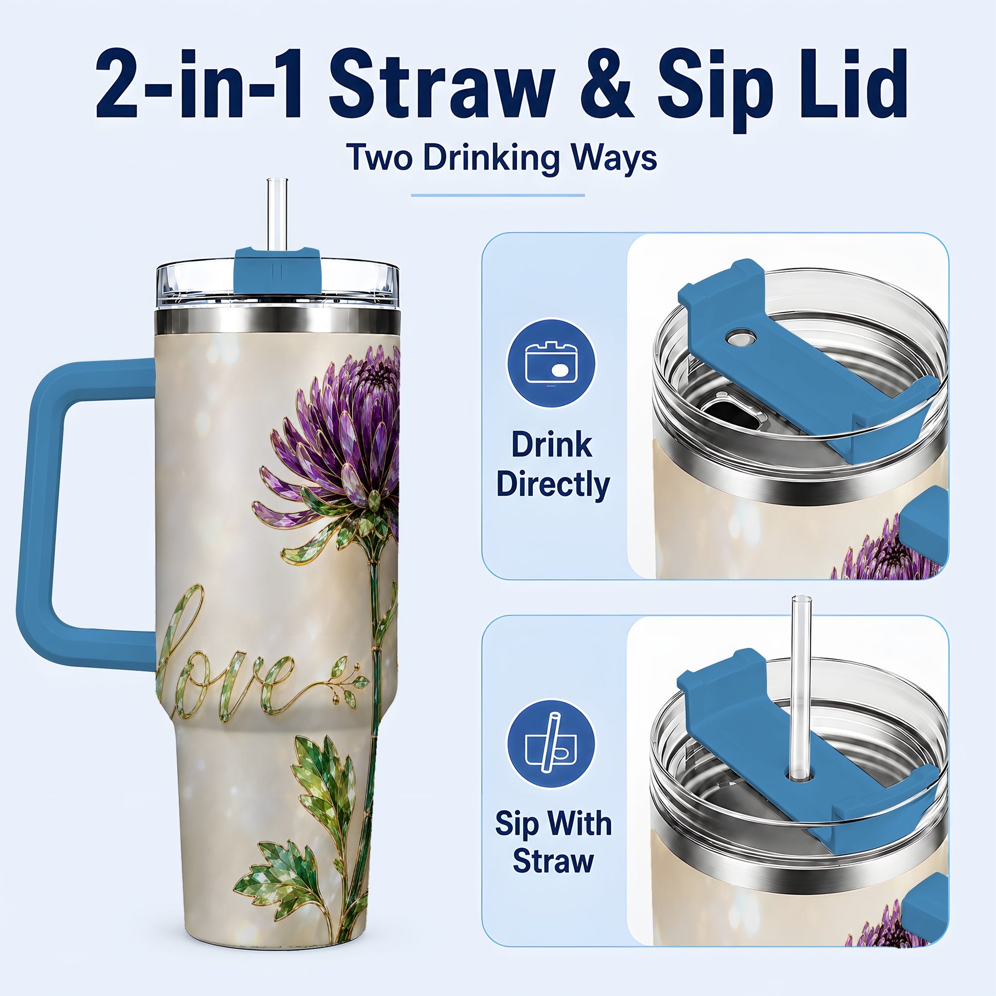 #pl[40oz|Blue] Chrysanthemum 40oz Tumbler with Handle, Stainless Steel Travel Cup