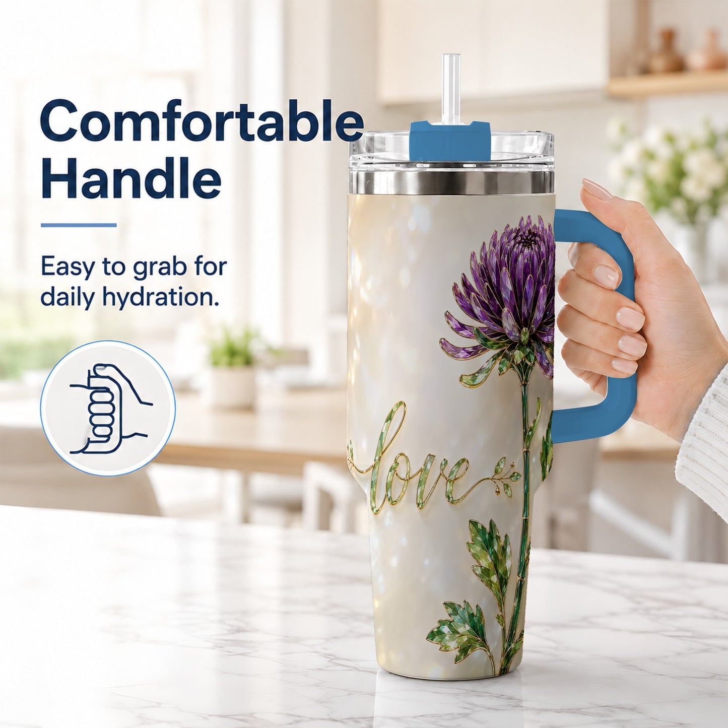 #pl[40oz|Blue] Chrysanthemum 40oz Tumbler with Handle, Stainless Steel Travel Cup