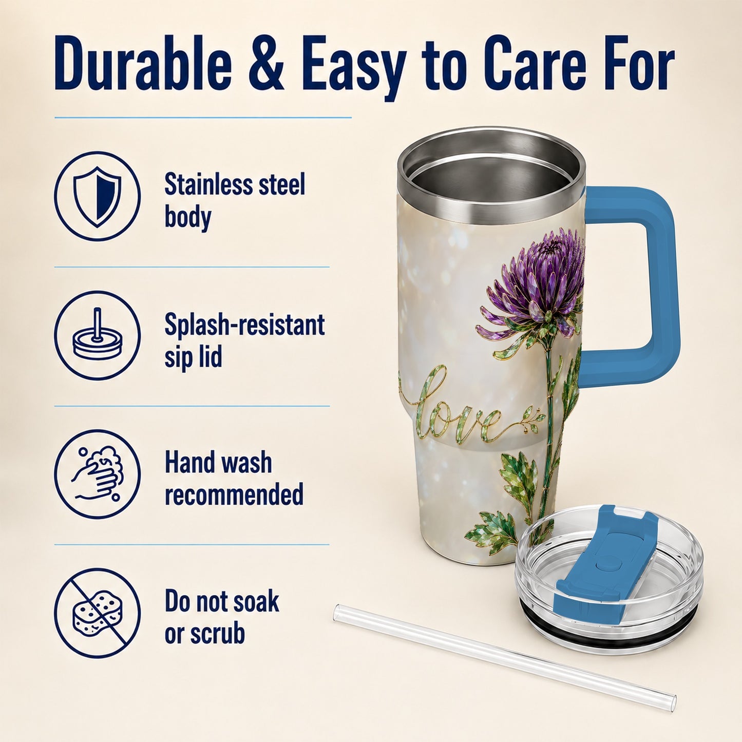 #pl[40oz|Blue] Chrysanthemum 40oz Tumbler with Handle, Stainless Steel Travel Cup