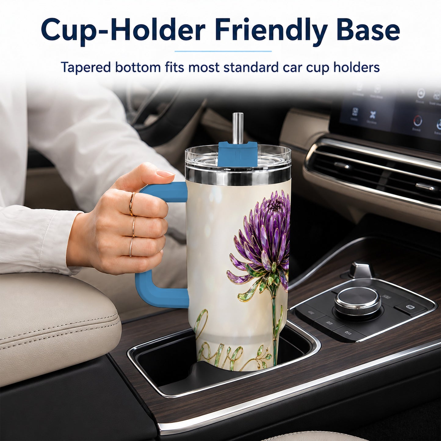 #pl[40oz|Blue] Chrysanthemum 40oz Tumbler with Handle, Stainless Steel Travel Cup
