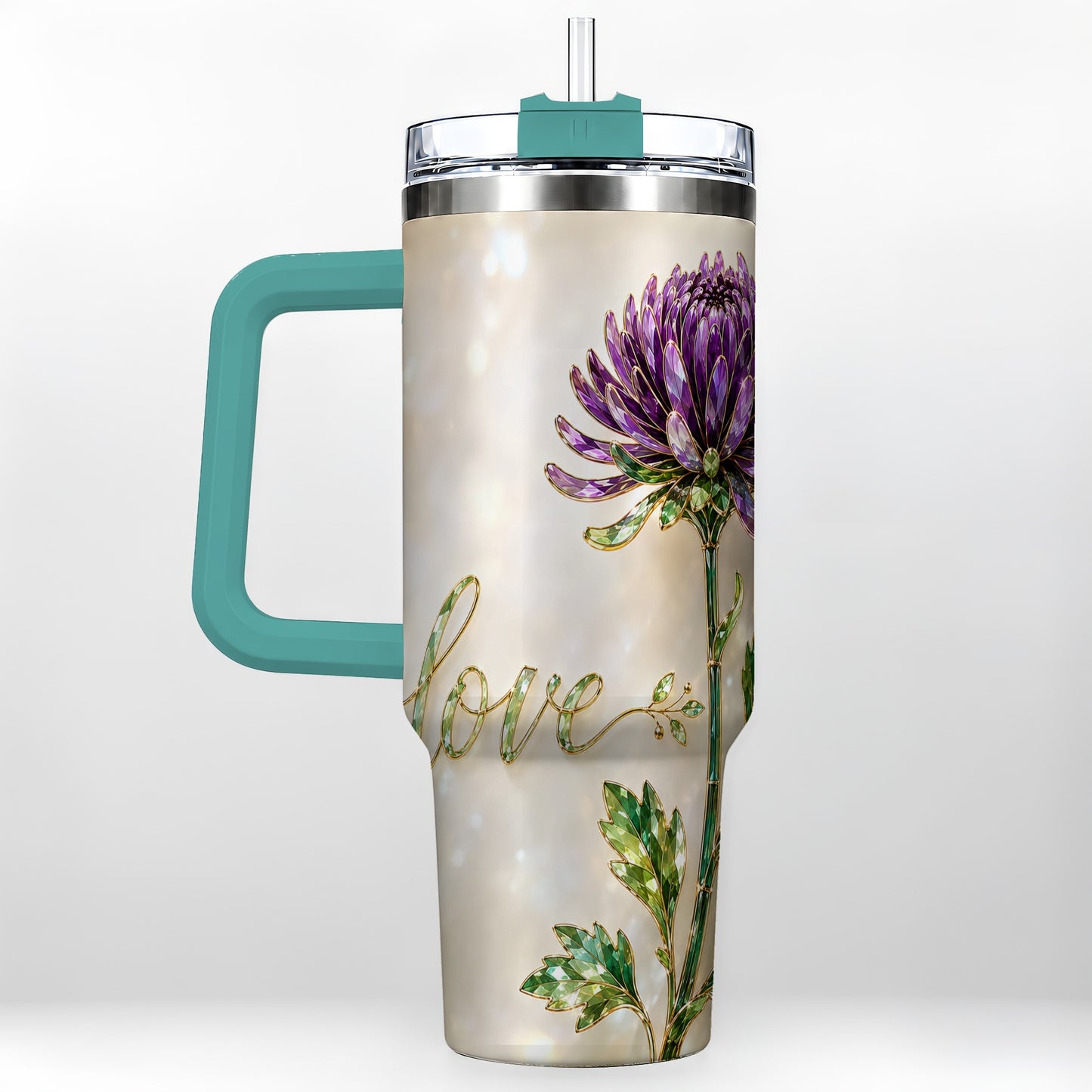 #pl[40oz|Green] Chrysanthemum 40oz Tumbler with Handle, Stainless Steel Travel Cup