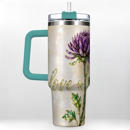 #pl[40oz|Green] Chrysanthemum 40oz Tumbler with Handle, Stainless Steel Travel Cup