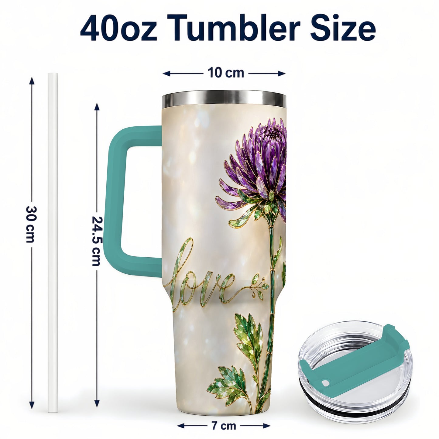 #pl[40oz|Green] Chrysanthemum 40oz Tumbler with Handle, Stainless Steel Travel Cup