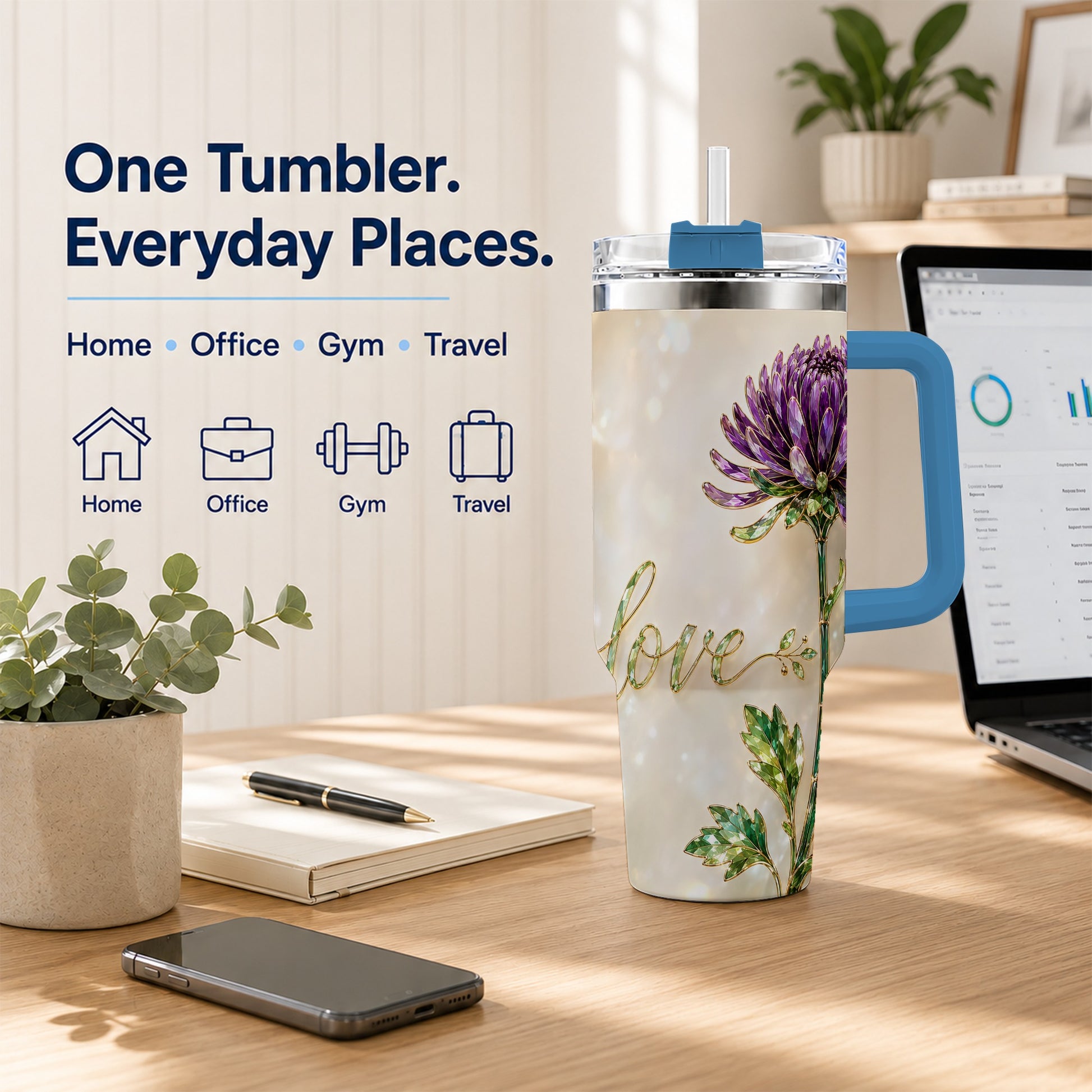 #pl[40oz|Blue] Chrysanthemum 40oz Tumbler with Handle, Stainless Steel Travel Cup