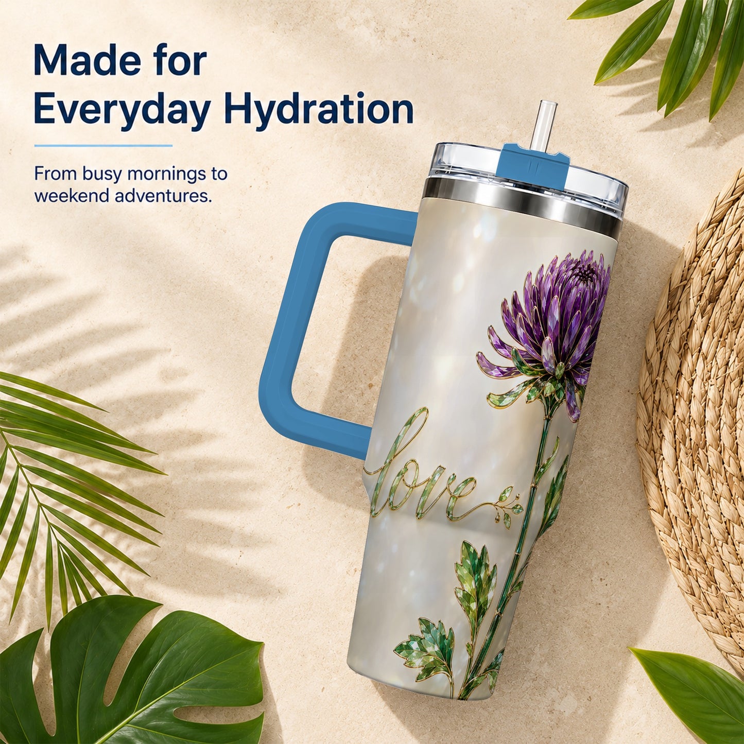 #pl[40oz|Blue] Chrysanthemum 40oz Tumbler with Handle, Stainless Steel Travel Cup