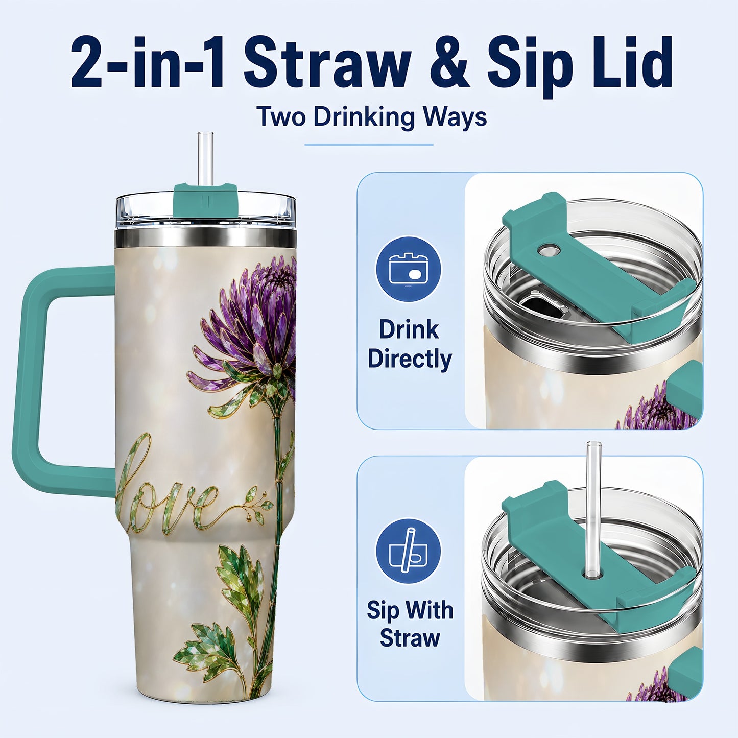 #pl[40oz|Green] Chrysanthemum 40oz Tumbler with Handle, Stainless Steel Travel Cup