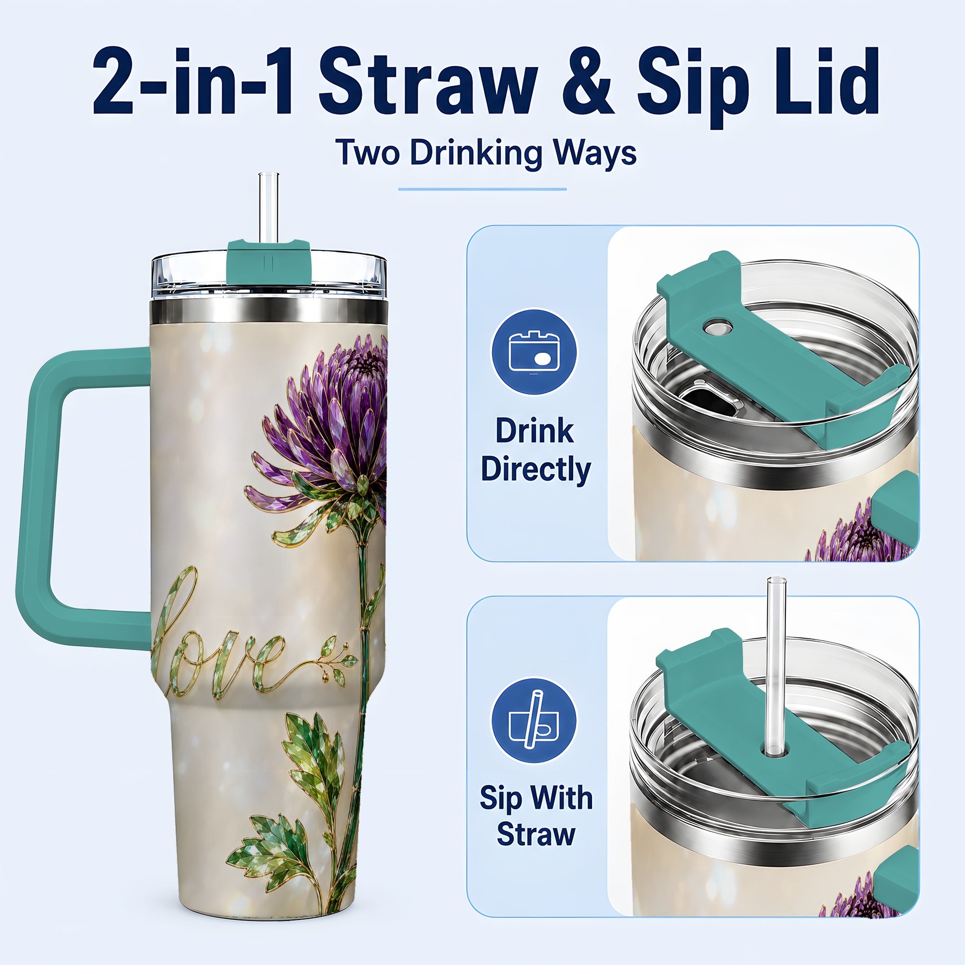 #pl[40oz|Green] Chrysanthemum 40oz Tumbler with Handle, Stainless Steel Travel Cup