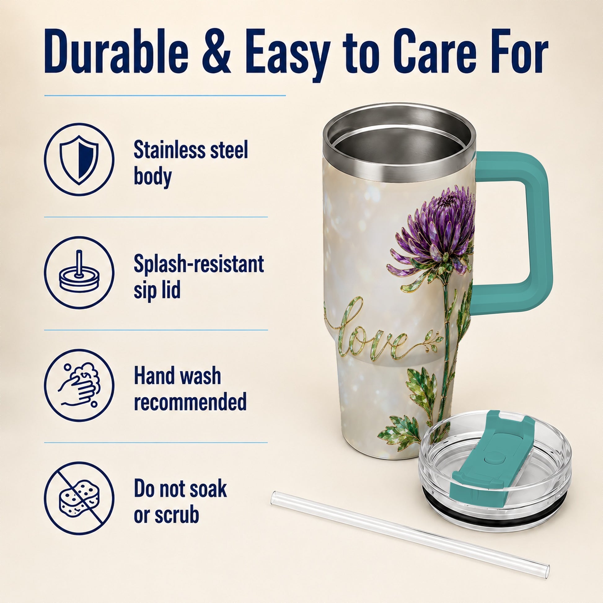 #pl[40oz|Green] Chrysanthemum 40oz Tumbler with Handle, Stainless Steel Travel Cup