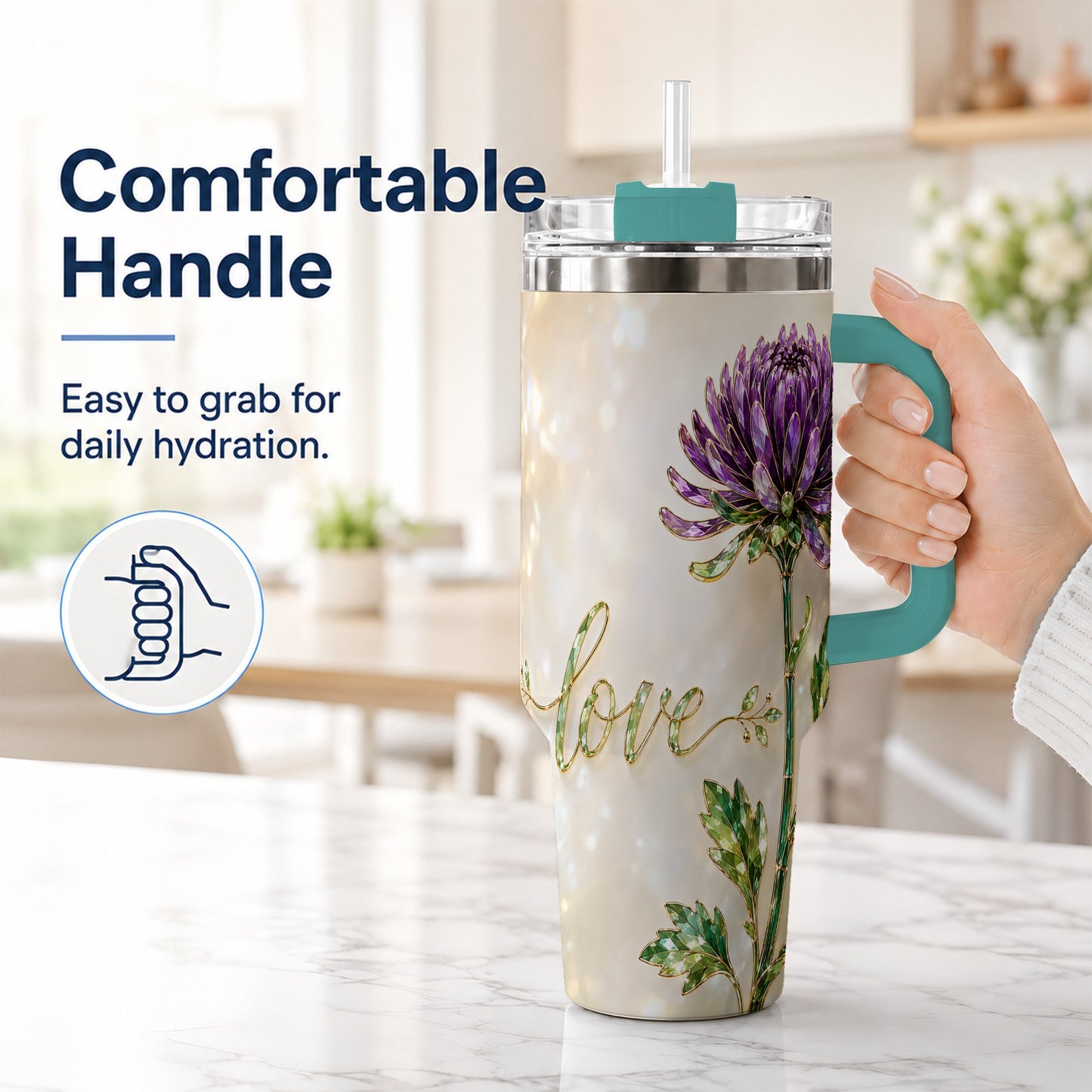 #pl[40oz|Green] Chrysanthemum 40oz Tumbler with Handle, Stainless Steel Travel Cup