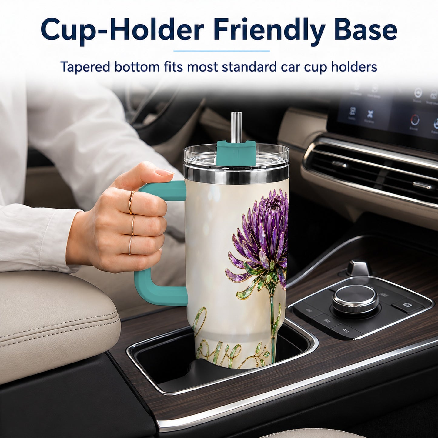 #pl[40oz|Green] Chrysanthemum 40oz Tumbler with Handle, Stainless Steel Travel Cup